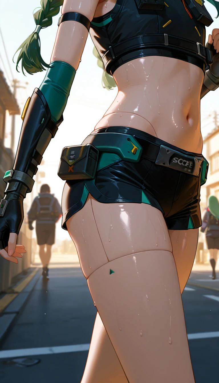 Woman body defined thick thighs cybernetic body parts, short underwear