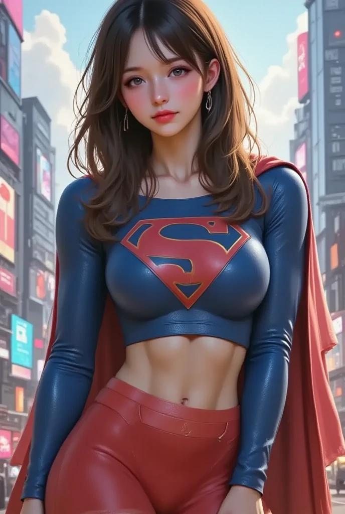 FULL VIEW OF A LIGHT BLUE EYED SUPERGIRL, WEARING A SUPERGIRL COSTUME AND CAPE, STANDING POSE, streaked hair, BLUE eyes, colored eyelashes, puckered lips, textured skin, super detail, high details, high quality, best quality, 4K, 8k. TOKYO BACKGROUND.