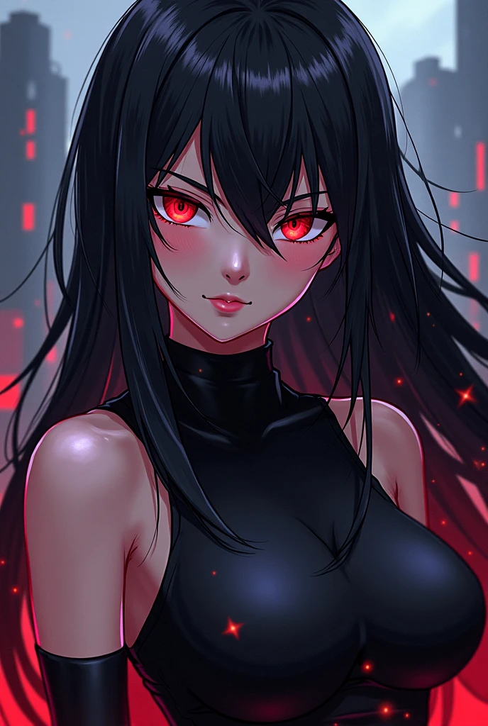 (best quality,highres:1.2),ultra-detailed,portrait,dark atmosphere,sinister expression,long black hair,intense red penetrating eyes,serious expression,large breasts,black clothes,mysterious lighting