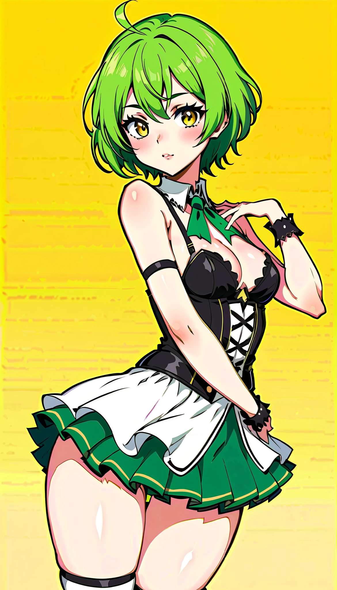 Doki Doki Virtual Idol, gorgeous and sexy live costume, short green hair, petite, attractive eyes, yellow-green background