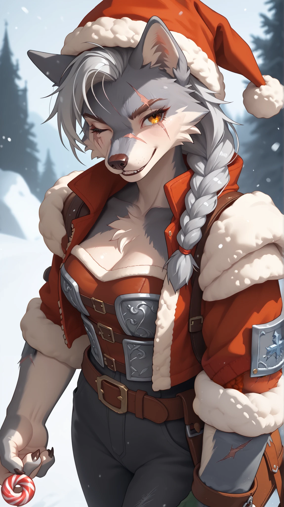 (zPDXL2), (PonyXLV6_Scores), Expressiveh, rating_questionable, wide angle, three-quarter portrait, BREAK
lhata4564, d3t41l3d, solo, 
anthro furry female, wolf, amber eyes, grey fur, long silver braid haircut, medium breasts, cleavage, chest tuft, dark, ((right eye closed, eye scar, face scars, body scars)), (santa armor, hat, pants, jacket, belts, bandoliers)), standing, (holding candy and bag), training, w arms, looking aside, subtle smile, top down view, (winter background, medieval castle, snow field:1.35), BREAK, eyes, hands, (5 fingers on each hands:1.2), paw feet