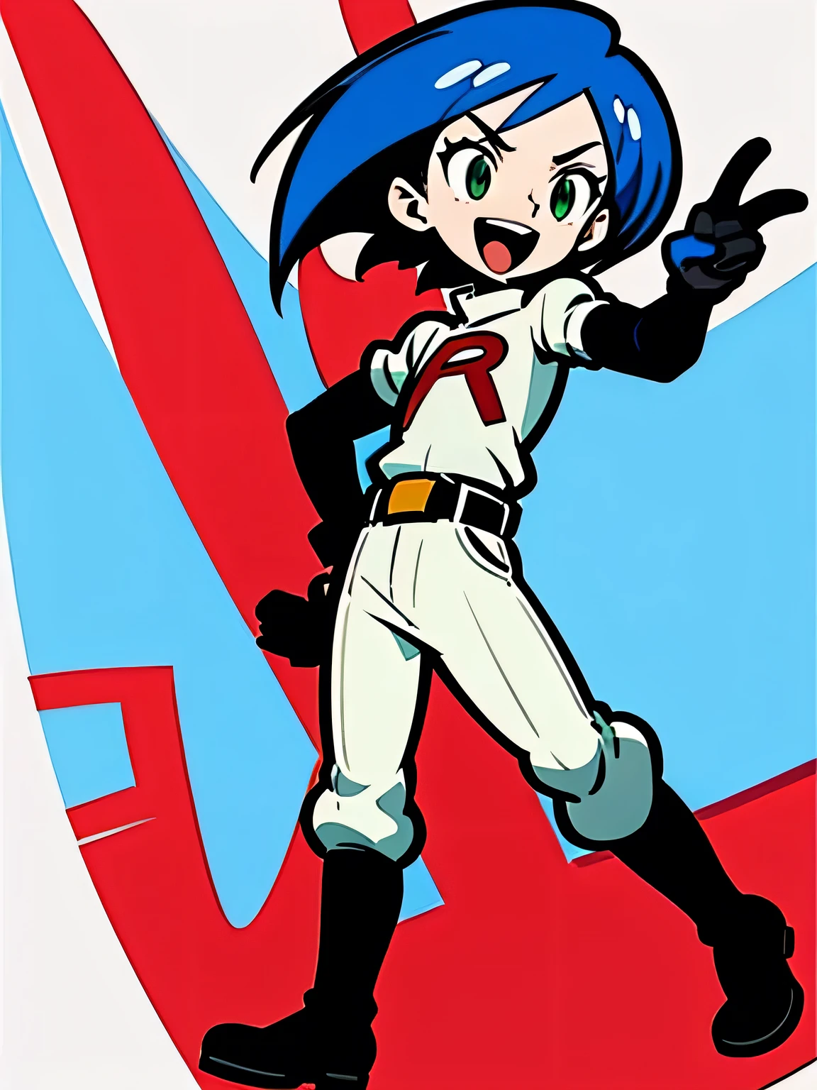 sideview:1.3,solo,young man+,male's eyes, male's nose,male's mouth,ハンサムな顔だち,(fullbody), James, short hair, blue hair, green eyes, :d, belt, belt buckle, black footwear, black gloves, white shirt, boots, buckle, elbow gloves, gloves, open mouth, pants, belt, shirt, grin team rocket, thigh boots, white pants, team rocket uniform, fighting stnace,(manga style),(sketch),(illustration),