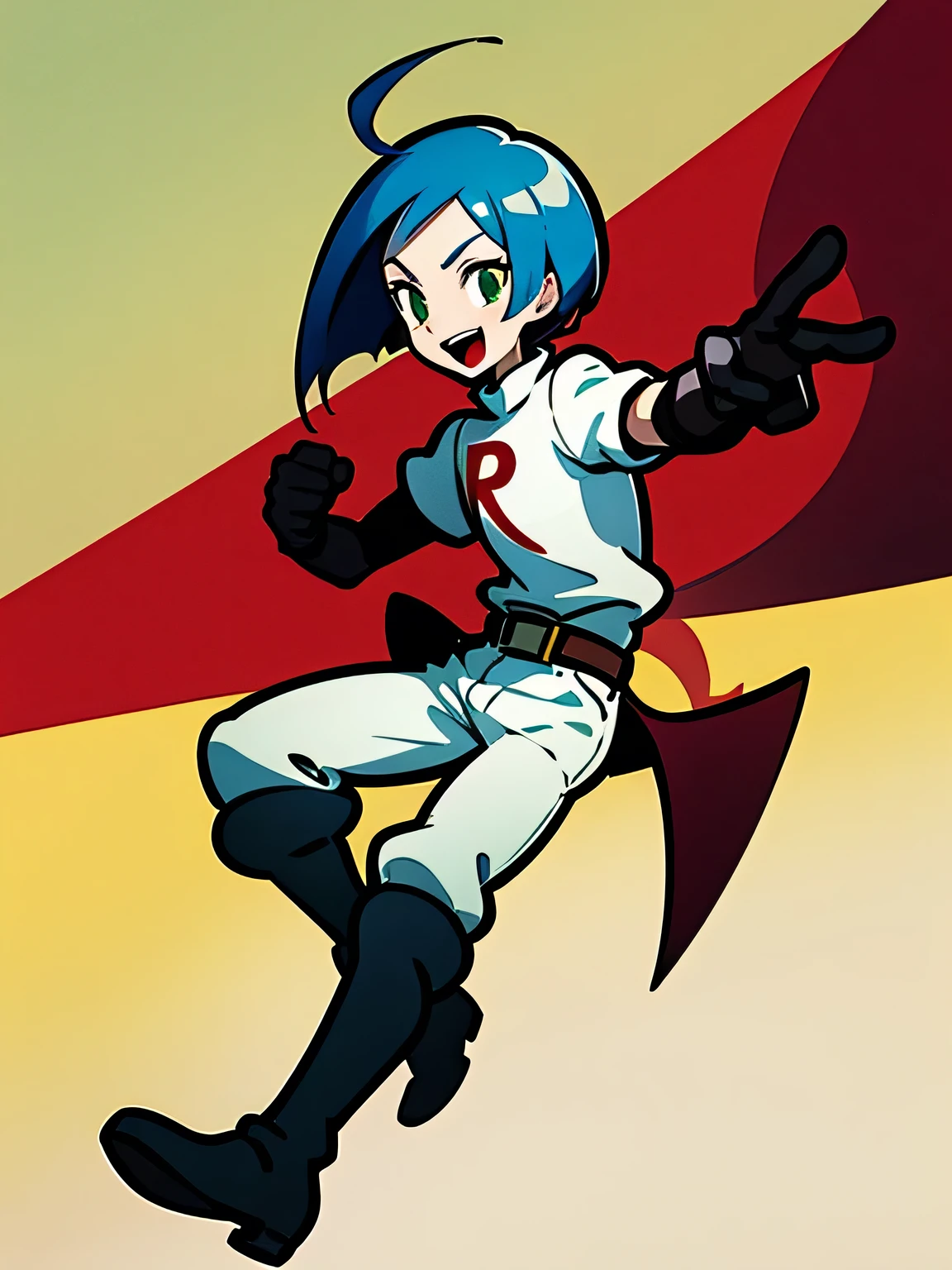 sideview:1.3,solo,young man+,male's eyes, male's nose,male's mouth,ハンサムな顔だち,(fullbody), James, short hair, blue hair, green eyes, :d, belt, belt buckle, black footwear, black gloves, white shirt, boots, buckle, elbow gloves, gloves, open mouth, pants, belt, shirt, grin team rocket, thigh boots, white pants, team rocket uniform, fighting stnace,(manga style),(sketch),(illustration),