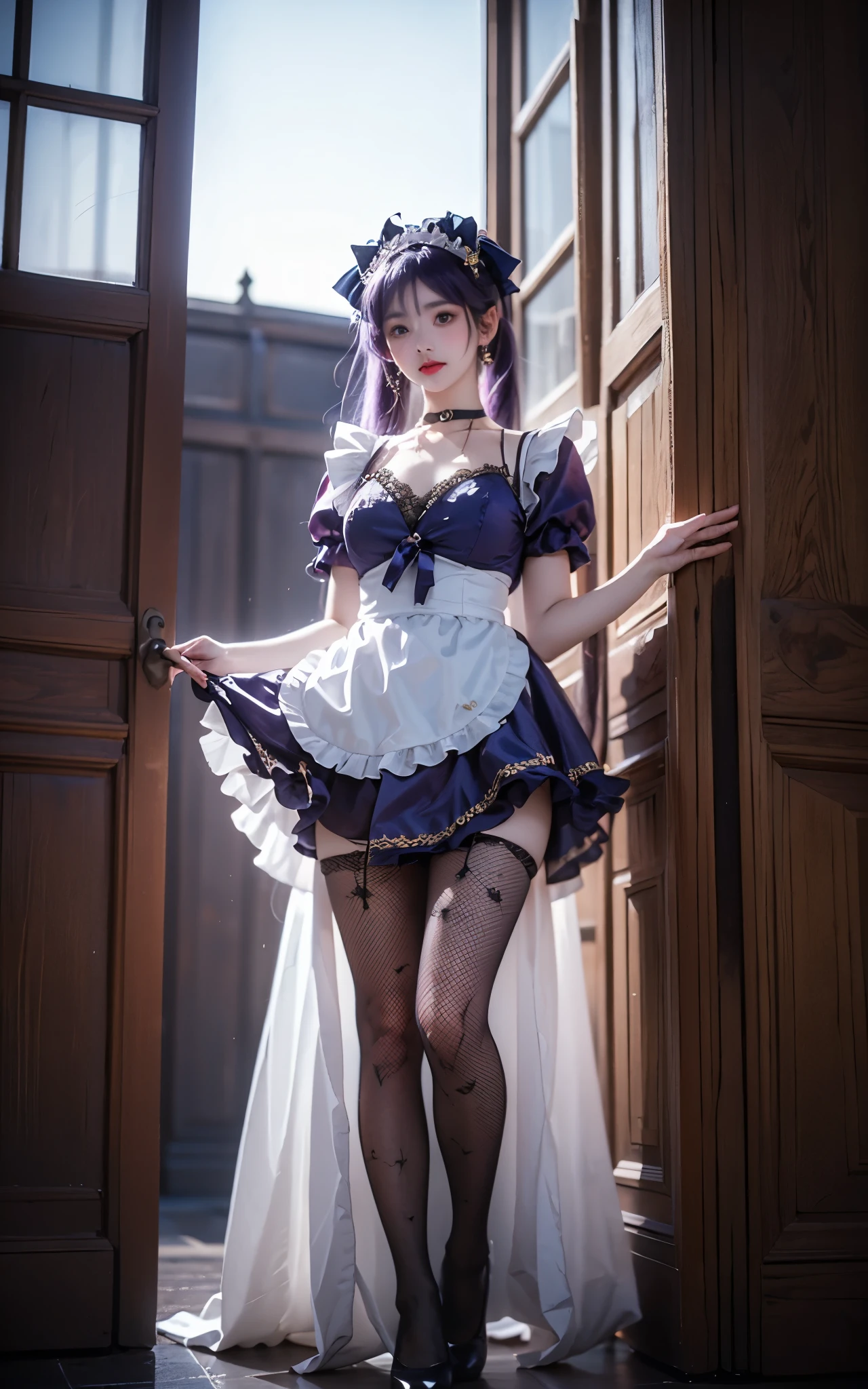 mona cosplay costume, mona, cosplay, alternate costume, purple hair, long hair, twintails, maid, enmaided, dress, maid apron, frilled apron, frilled dress, frills, puffy short sleeves, maid headdress, choker, gold chain, red bow, jewelry, ribbon, hair ornament, hair bow, fishnet pantyhose, print pantyhose, high heels
,,(Above the calves view:1.4), ((Portrait-oriented, focusing on the subject's body above the calves)), (from below:1.2), (I-type Valley), (Large breasts), (Very short hemline, revealing smooth thighs), Realistic beautiful woman, sexy long-legged model, standing gracefully with elegance. while one hand elegantly lifts the hem of her skirt up to her thigh.    soft natural makeup, and her hair flows beautifully in the gentle breeze.   Photorealistic lighting and shadows, high detail, 4K resolutio