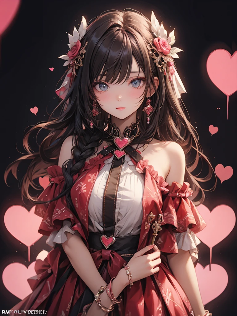 Dark hair, pink eyes, body, cat ears, woman, earrings, fantasy background, pink red clothes, hair bows, happy face, thigh up