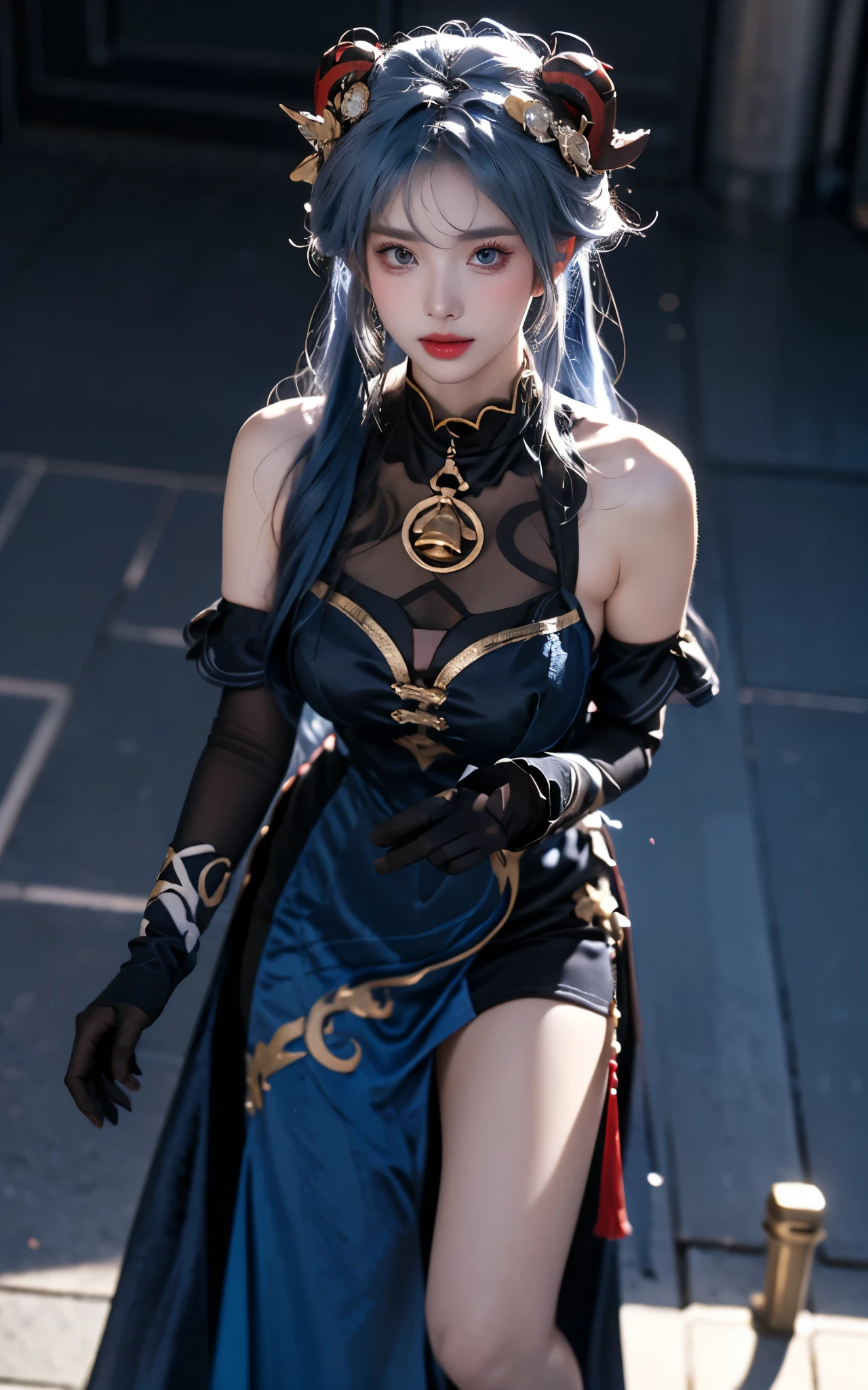 ganyu cosplay costume,ganyu,genshin impact,cosplay,alternate costume,blue hair,long hair,horns,hair ornament,hair between eyes,dress,blue dress,china dress,sleeveless dress,bare shoulders,detached sleeves,gloves,elbow gloves,thigh strap,bell,high heels
,,(Above the calves view:1.4), ((Portrait-oriented, focusing on the subject's body above the calves)), (from below:1.2), (I-type Valley), (Large breasts), (Very short hemline, revealing smooth thighs), Realistic beautiful woman, sexy long-legged model, standing gracefully with elegance. while one hand elegantly lifts the hem of her skirt up to her thigh.    soft natural makeup, and her hair flows beautifully in the gentle breeze.   Photorealistic lighting and shadows, high detail, 4K resolutio
