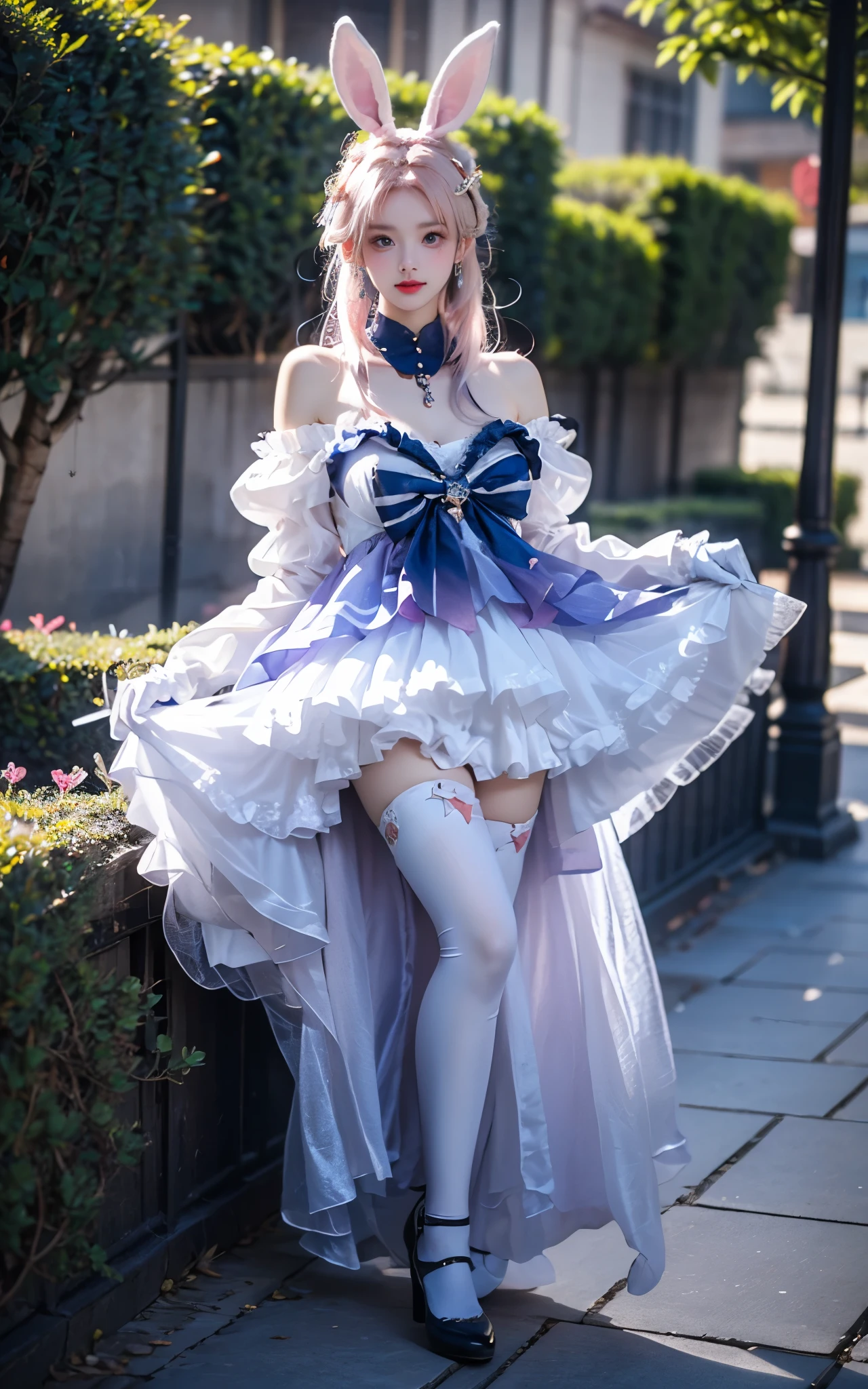 sangonomiya kokomi cosplay costume, sangonomiya kokomi, genshin impact, cosplay, alternate costume, pink hair, gradient hair, multicolored hair, long hair, dress, off-shoulder dress, frilled dress, frills, bow, detached collar, detached sleeves, dress bow, bare shoulders, fake animal ears, animal ears, rabbit ears, hair ornament, gloves, white gloves, thighhighs, white high heels
,,(Above the calves view:1.4), ((Portrait-oriented, focusing on the subject's body above the calves)), (from below:1.2), (I-type Valley), (Large breasts), (Very short hemline, revealing smooth thighs), Realistic beautiful woman, sexy long-legged model, standing gracefully with elegance. while one hand elegantly lifts the hem of her skirt up to her thigh. soft natural makeup, and her hair flows beautifully in the gentle breeze. Photorealistic lighting and shadows, high detail, 4K resolutio