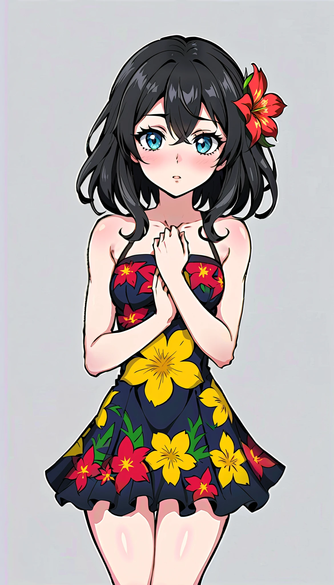 Doki Doki Virtual Idol, gorgeous and sexy live costume, medium wave black hair, flower dress, attractive eyes, grey background