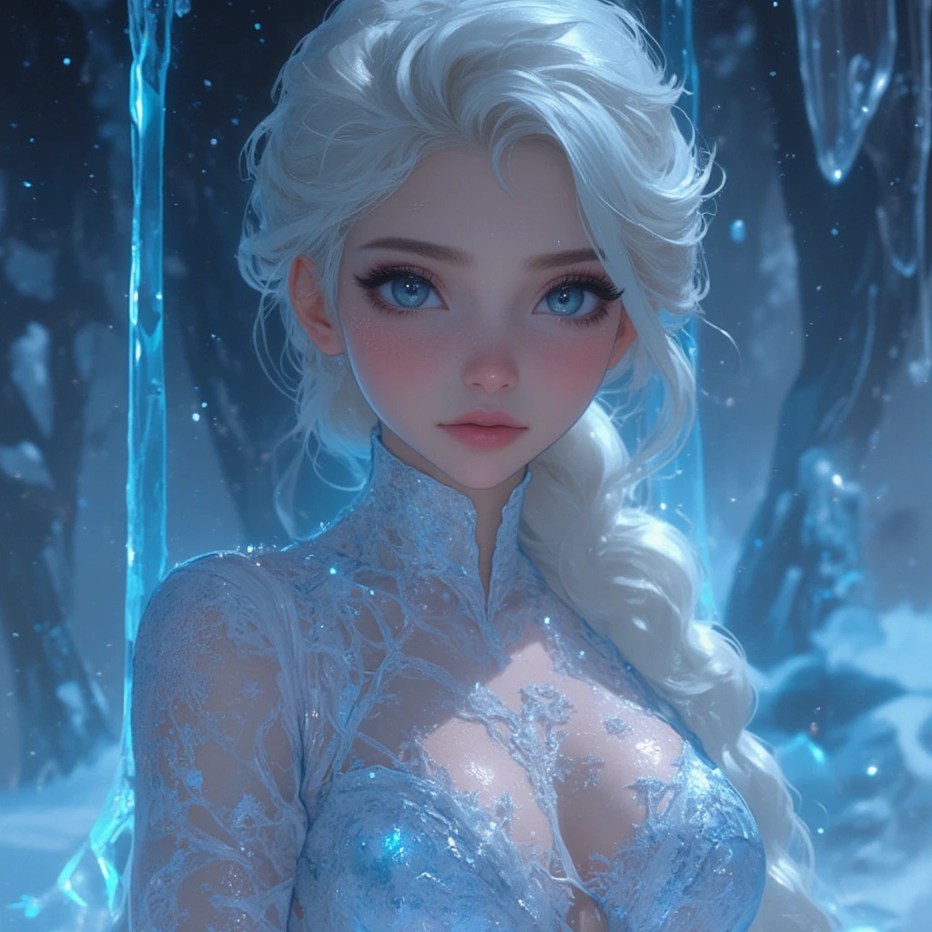 anime girl in a blue dress with a white fur coat and a blue hat, ice sorceress, queen of ice and storm, freezing blue skin, crystal maiden, ice queen, beautiful alluring anime woman, goddess of winter, 3 d render character art 8 k, queen of winter, ice mage, [ 4 k digital art ]!!, closeup fantasy with water magic,( Elsa Frozen:1.4), high quality, (RAW photo, best quality), (realistic, photorealistic: 1.4), (extremely delicate and beautiful: 1.4), amazing, fine details, masterpiece, ultra detailed, high resolution, best illustration, best shadow, intricate, ( extremely intricate: 1.2), (exquisitely detailed skin), cinematic light, perfect anatomy, (cool color: 1.4), sharp focus, 8k UHD, DSLR, (Fujifilm XT3),,(Fondo de ruinas de mazmorra en ruinas cueva caverna piedras grandes :1.4 ), More detailed 8K.motor irreal:1.4,UHD,La mejor calidad:1.4, fotorrealista:1.4, textura de la piel:1.4, obra maestra:1.8,obra-prima, mejor calidad,objeto Objeto], (detailed face features:1.3),(Las proporciones correctas),(Ojos hermosos azules detallado :1.4 ),  (pose vaquero),( medio cuerpo :1.4), (iluminación cinematográfica :1.4), (Elsa Frozen V2.1 ), (fishnet stockings BodySuit white :1.4), (estilo encaje lingerie white :1.4),( colores brillantes), (Elsa:1.4), (Frozen), (face detailed Elsa:1.4), (nsfw:1.4 ),(nsfw V2.1), score_9, score_8_up, score_7_up, score_6_up, rating_explicit, 1girl, ((18YO:1.2)), Adult, full lips, big clear eyes, light blue eyes,(tiene una mirada que enamora:1.4) 