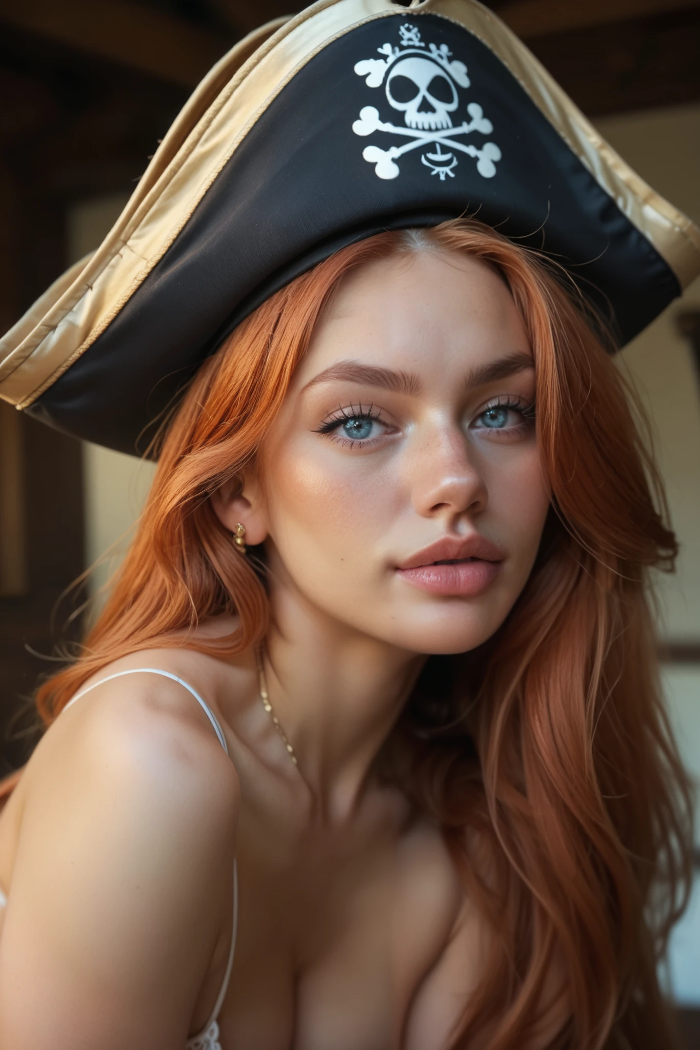 redhead bitch with blue eyes, pirate hat with big ass and large boobs, in a hypersexual position 