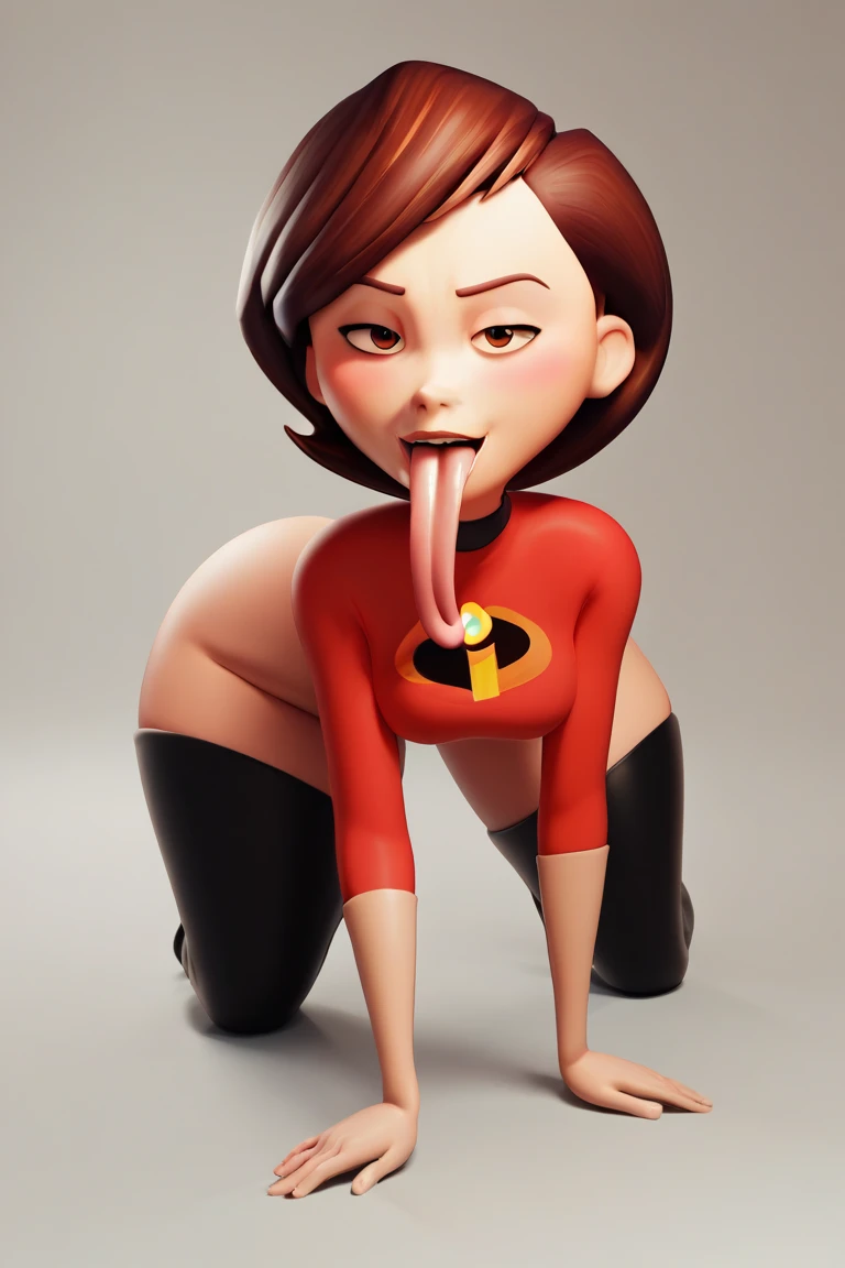 Helen parr , wide big hips, legwear, on all fours, blushing, seductive smile, long tongue,