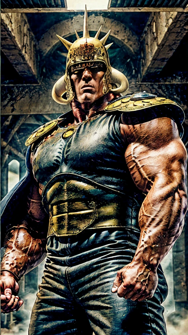 8K images、Raoh from Fist of the North Star(:1.5)、doping  、Muscular、 Leather Armor、pocket、 red cloak、 Fearless Confidence  、The face of hatred 、 Open Your Eyes Wide 、 Eyeliner、  bodybuilder physique  、Ruins、strobe、  black background、whole body、  stand with feet shoulder-width apart 、  intense action pose  、Show me your palm、Combat pose、whole body discharge、 Overflowing fighting spirit 、Battlefield ruins、 Large circle with Sanskrit letters written on it、 wearing an aura 、Put out Kamehame waves