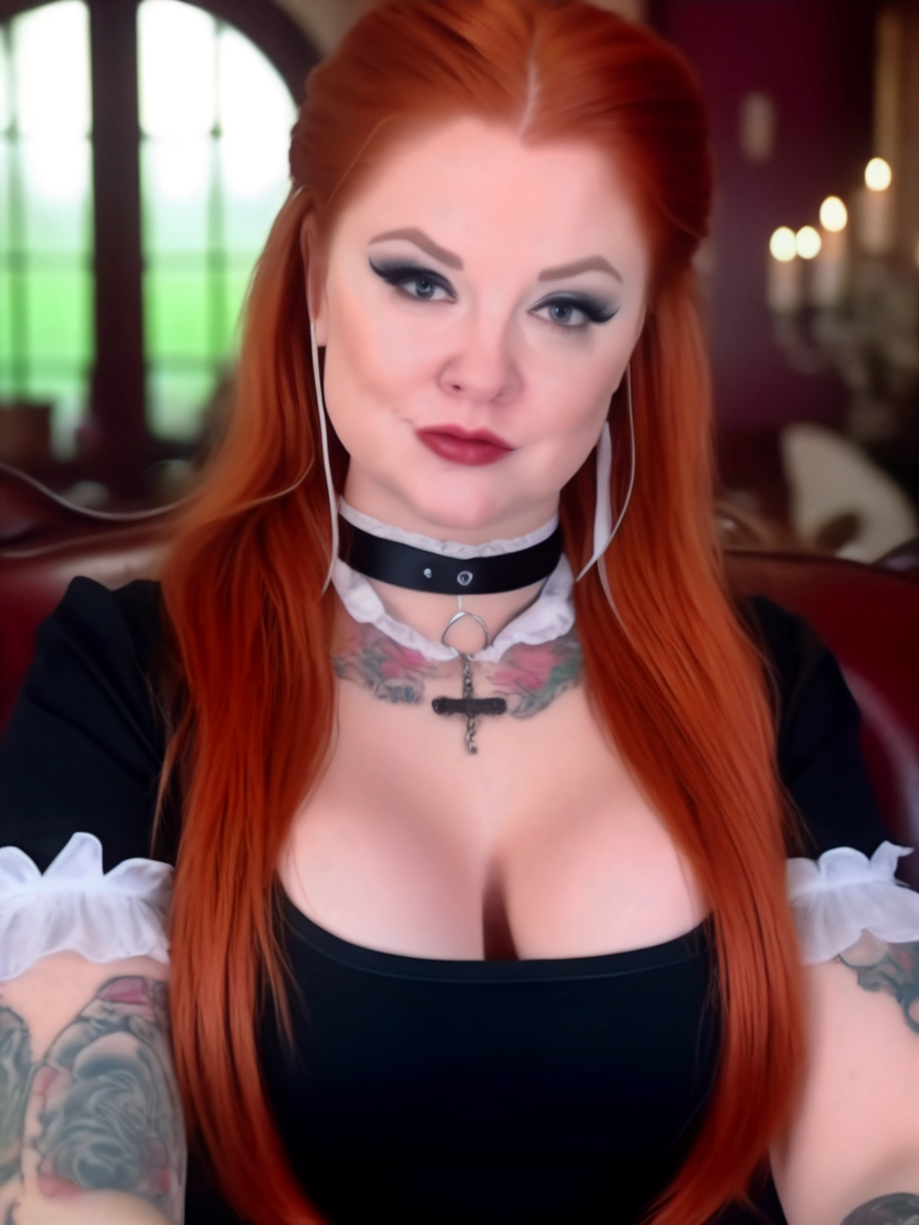 1 girl, tall vampire, closeup, pale skin , plus size body, big breasts, corset, burgundy hair color, tied hair with band, winged eyeliner, brown eyes, dark lipstick