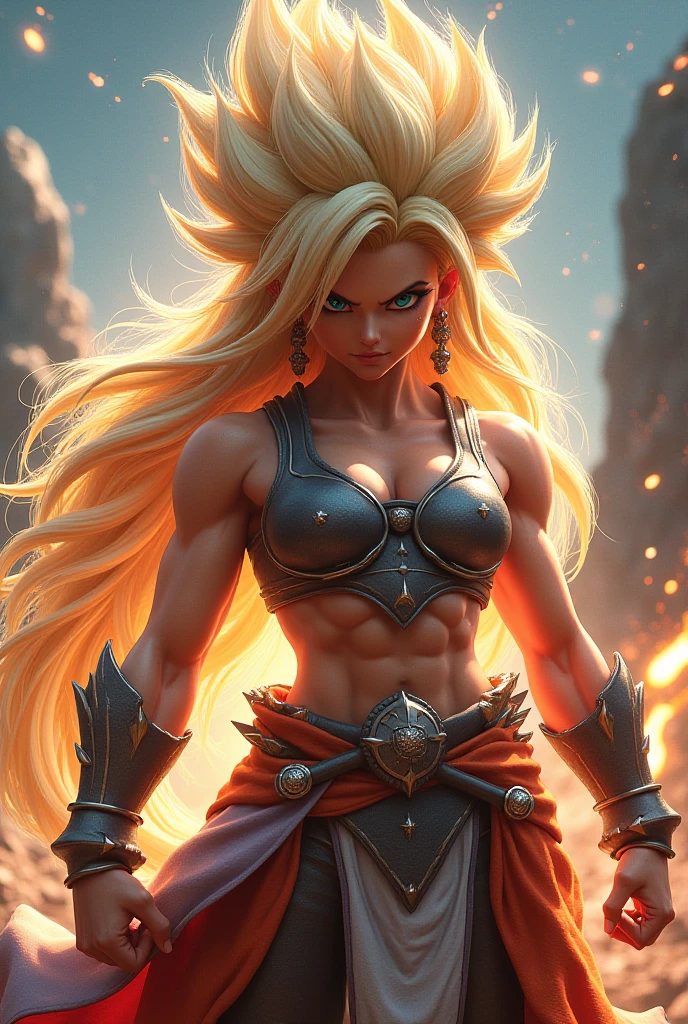 xizkefla, Super_Saiyajin, Unripe_body hair, Unripe_eyeballs, 1 girl, spiked_body hair, energy, torn_badass clothing, jewerly, Aura, perneiras, badass clothing vermelhas, Dramatic, cliff, looking ahead at viewer, face detailed, detailed eyeballs, breasts big, thick-thighs, curvilinear quadrants without clothes