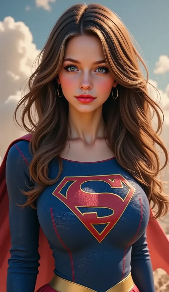 LIGHT BLUE EYED SUPERGIRL, WEARING A SUPERGIRL COSTUME AND CAPE, STANDING POSE, streaked hair, BLUE eyes, RED colored eyelashes, puckered RED lips, textured skin PORES, super detail, high details, high quality, best quality, 4K, 8k. AMAZON BACKGROUND