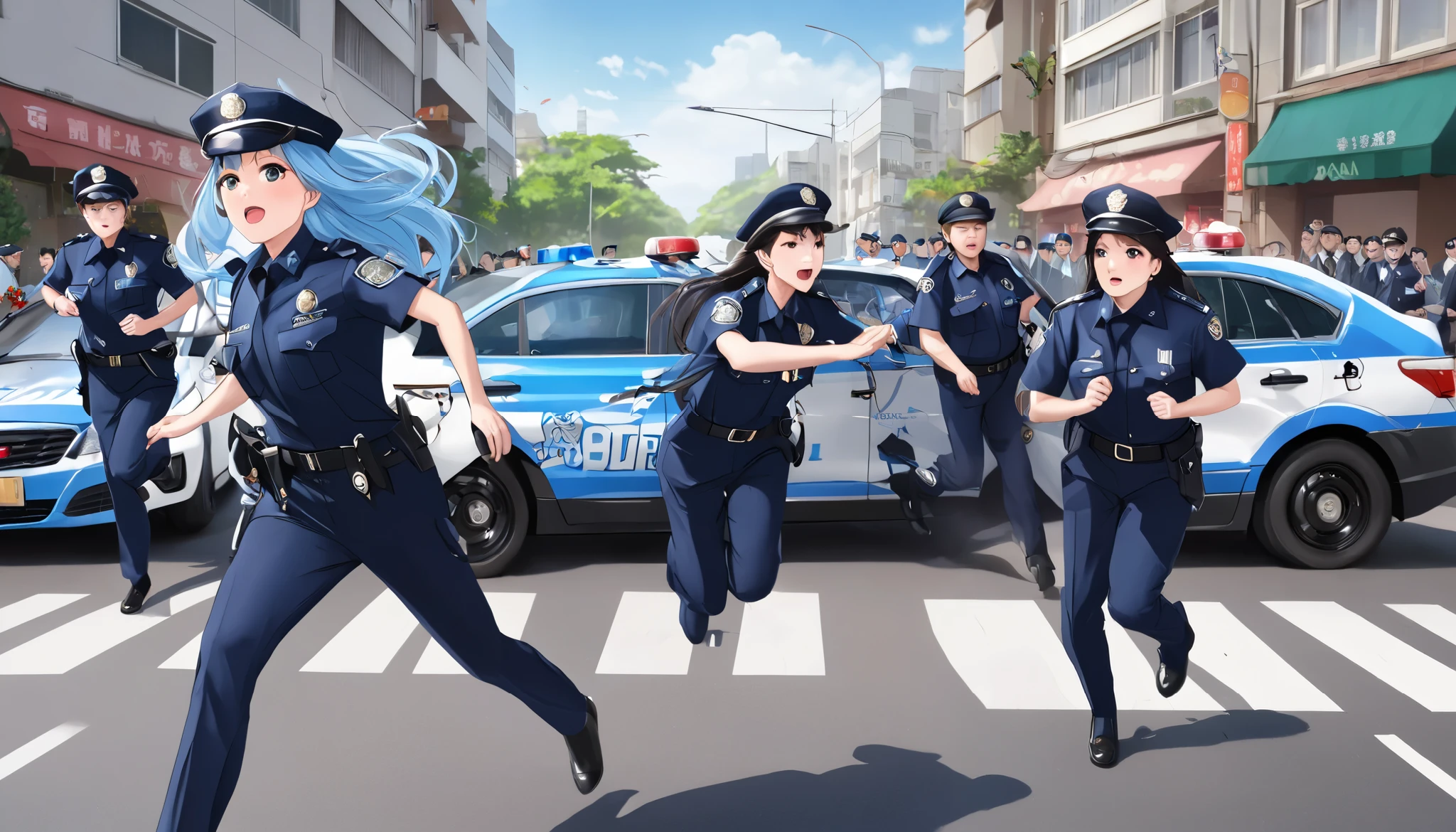 Light Blue Long Hair 、 beautiful twin-tail girl、policewoman、whole body、Police car、 is chasing the culprit、incident scene、There are a lot of cops