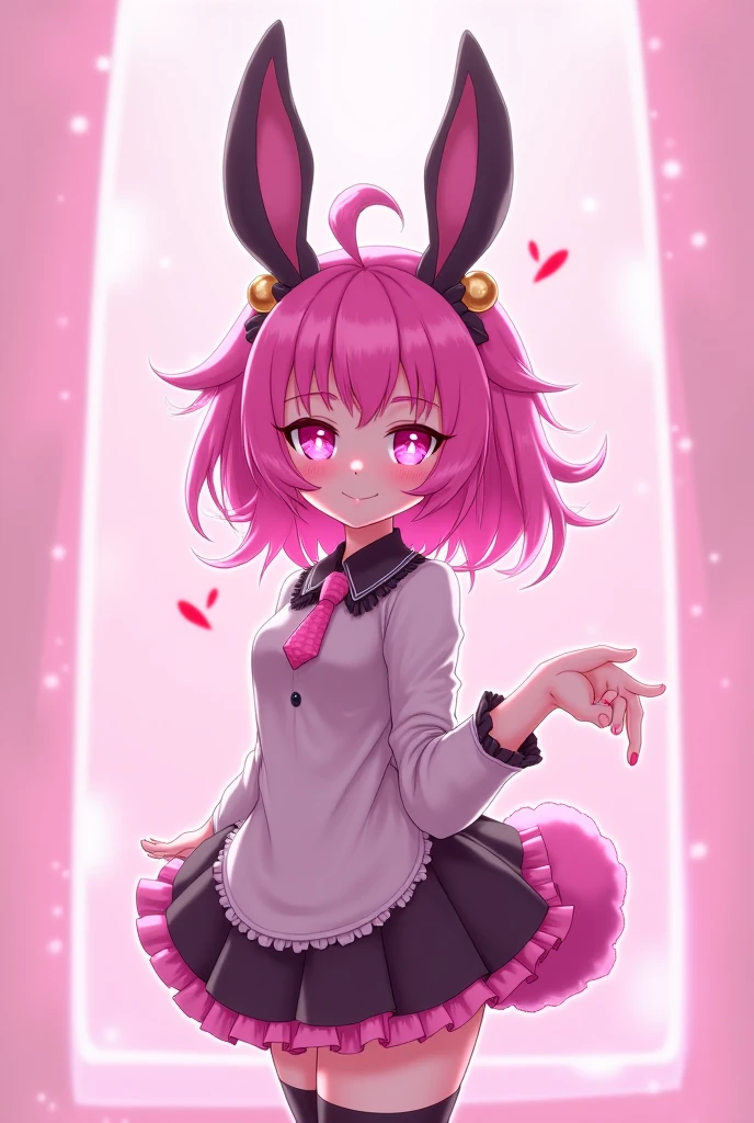 Attractive face、Chibi、Magenta Background、Black clothes、Long sleeves with flared cuffs、Shoulders are exposed、One piece flare skirt、Rabbit with stuffed toy、Black and magenta palette、Gothic Shoes、Positive、Black Rose、🌙、Perfect Anatomy、heart、