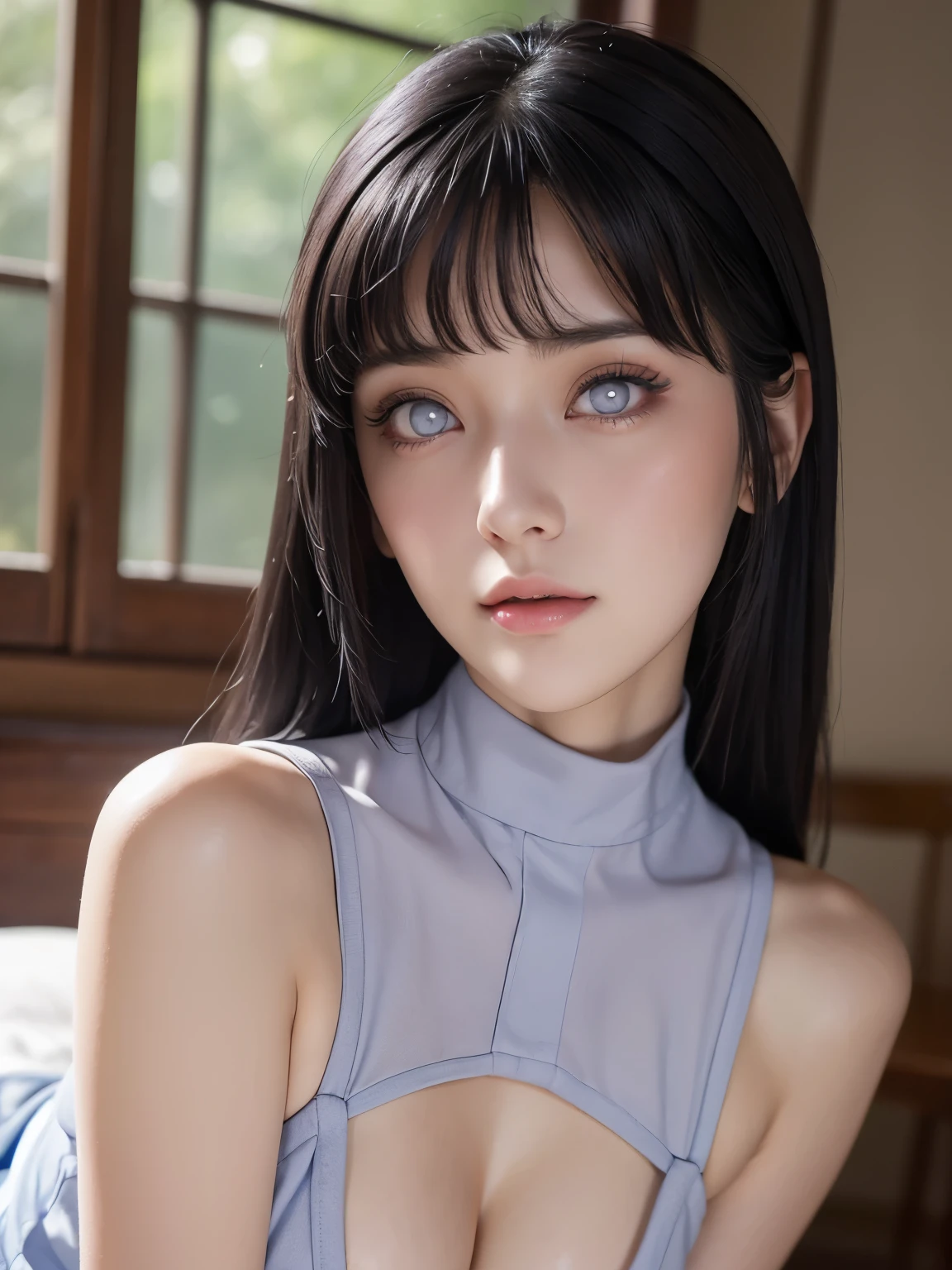 Hinata Hyuga or Hinata Uzimaki has shoulder-length  black hair, she has blue emerald eyes, a sharp nose, white skin, and a soft face, (best quality, highres:1.2), 1girl, beautiful detailed eyes, beautiful detailed lips, extremely detailed eyes and face, long eyelashes, medium, HDR, studio lighting,  sharp focus, physically-based rendering, extreme detail description, portraitig small breasts, perfect shape,  facing viewer, sweaty, gorgeous,  appearing in full frame, sleeveless turtleneck, ung girls, good-looking, Beautiful fair skin and luster, Beautiful eyes are big and bright, Small mouth and thin lips,  Goodness of style and slendernes beautiful small breast:1.4),  beautiful girl illuminated by seven colors of light, Irridescent color, dynamic pose, show vagina, vagina gape, squirt vagina hairly, wide open legs, super wet water, show nipples in small breasts, shadow +10.0, exposure +1.5, soft lighting body.