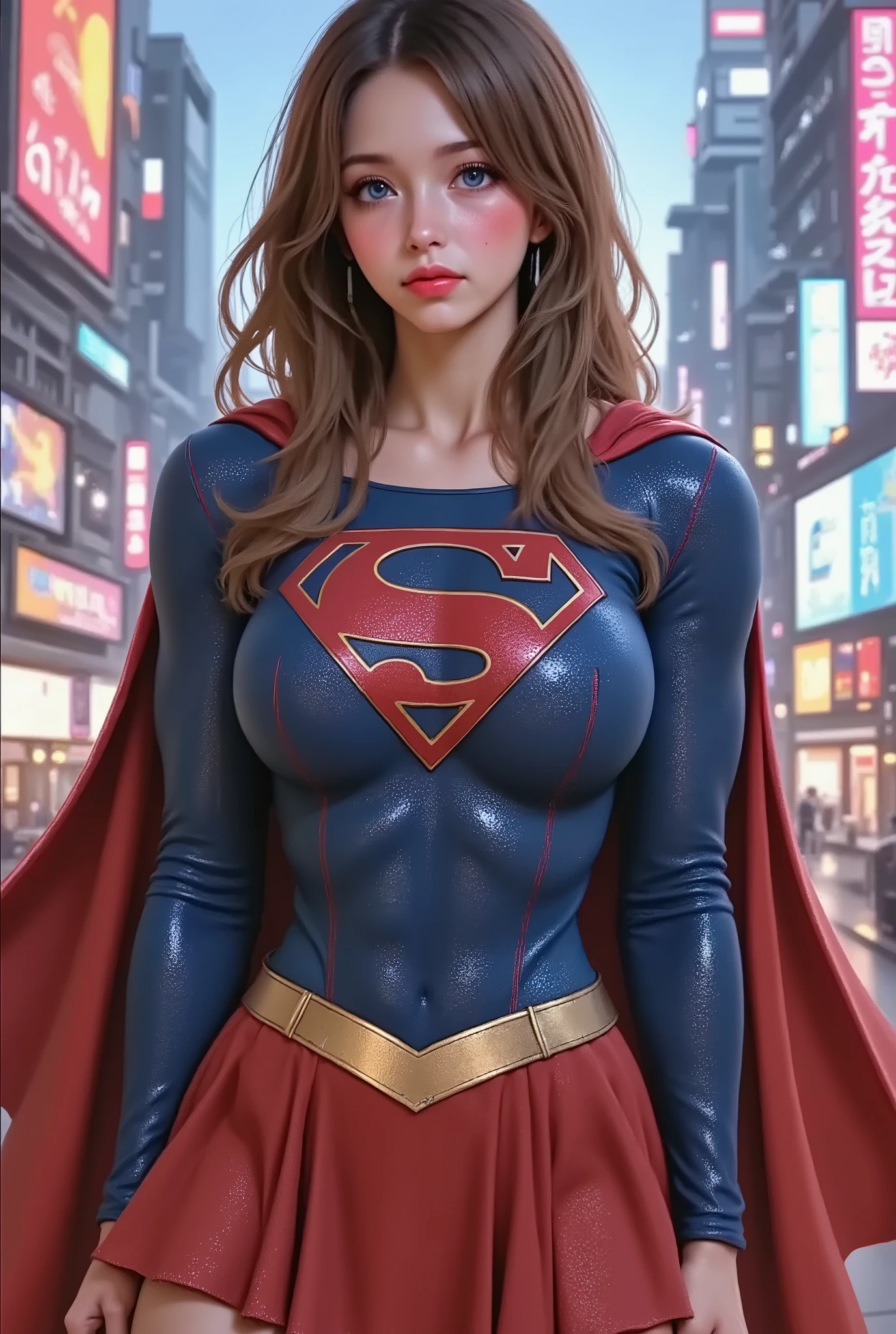 FULL VIEW OF A LIGHT BLUE EYED SUPERGIRL, WEARING A SUPERGIRL COSTUME AND CAPE, STANDING POSE, streaked hair, BLUE eyes, colored eyelashes, puckered lips, textured skin, super detail, high details, high quality, best quality, 4K, 8k. TOKYO BACKGROUND.