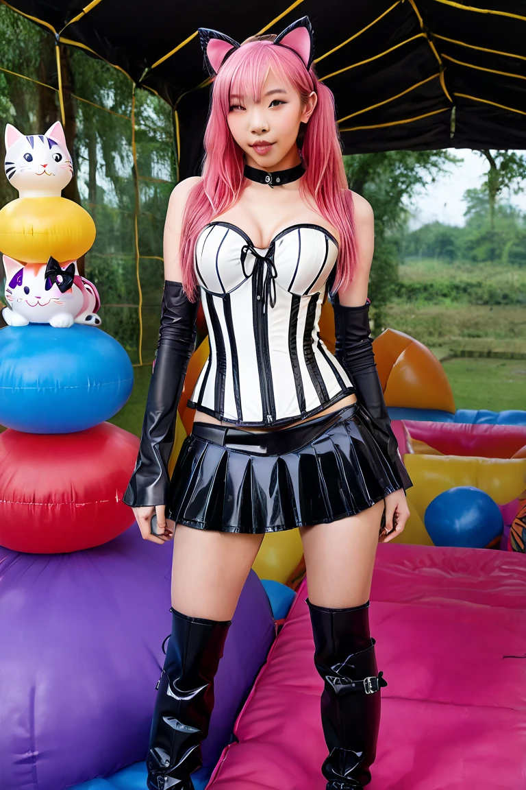  Asian slim teen solo with pink hair, straight hair, slim model, Latex underbust corset 
,   Latex pleated skirt ,  Latex sleeve warmer ,  knee-high latex boots , Cat ears,  small breasts,  ,  bare breasts , Breasts visible
 , Bouncy castle, sextoy, rope in hand, crazy , fickt den man seinen prnis heftig 
