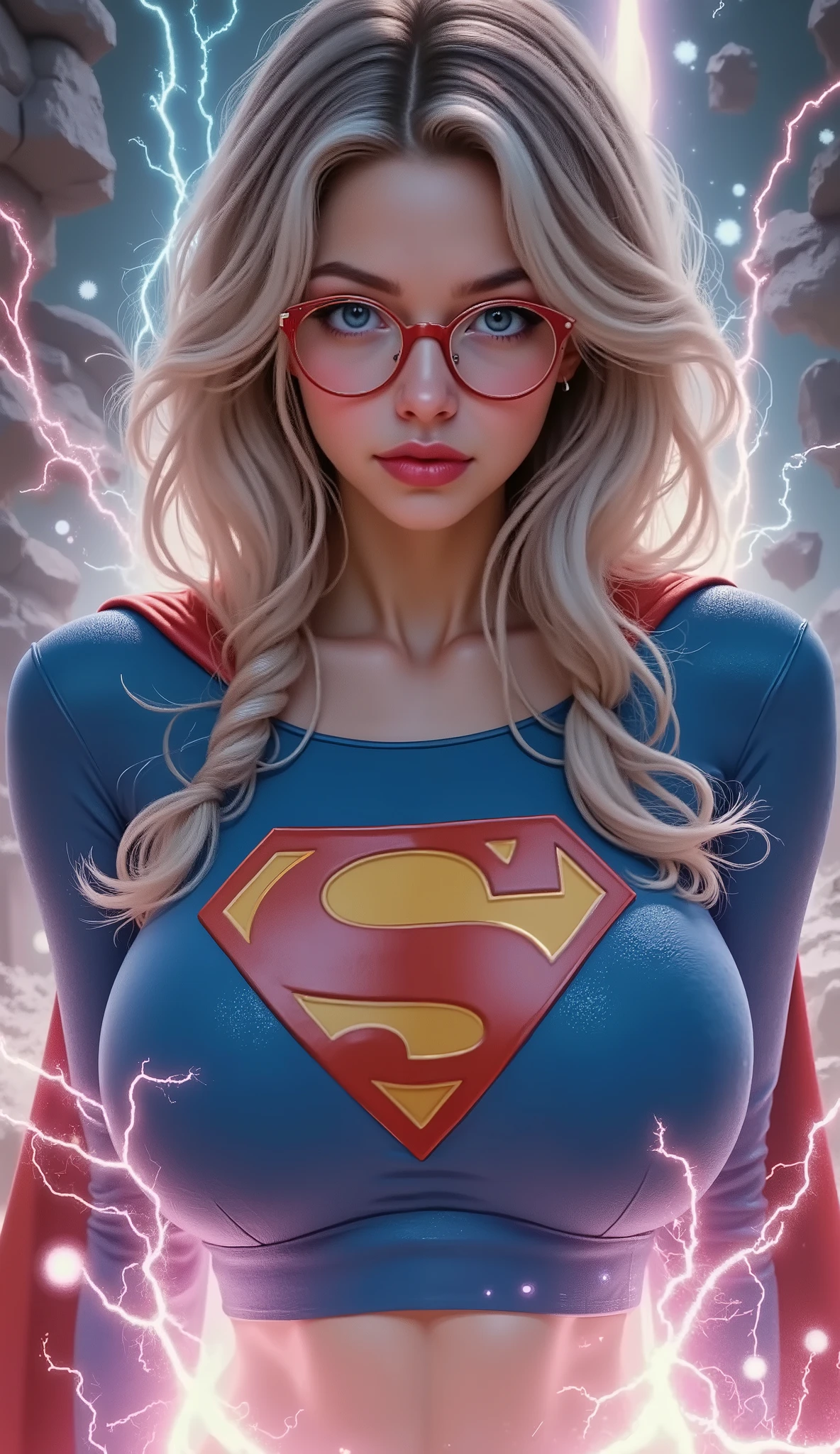 SCREAMING IN PLEASURE AS LIGHTNING FLOWS FROM HER EYES AFTER BEING ELECTROCUTED. 3D ANIMATED STYLE. LARGE "S" EMBLEM APPEARS ON HER CHEST, BODY GROWING LARGER AS SHE TRANSFORMS INTO SUPERMAN. A SEXY YOUNG AUSTRALIAN GIRL WITH BLUE EYES, RED GLASSES, WHITE AND SILVER HAIR BRAIDED, WEARING A BLUE CORDUROY 1980 SUPERMAN COSTUME AND RED CAPE STARING AT THE VIEWER. PHOTO REALISTIC, INTRICATE DETAILS, INTICATE TEXTURES, PROESSIONAL 4K RENERING. POWERING UP, SEMI REALISTIC..(TEXT BUBBLE SAYING FUCK ME).