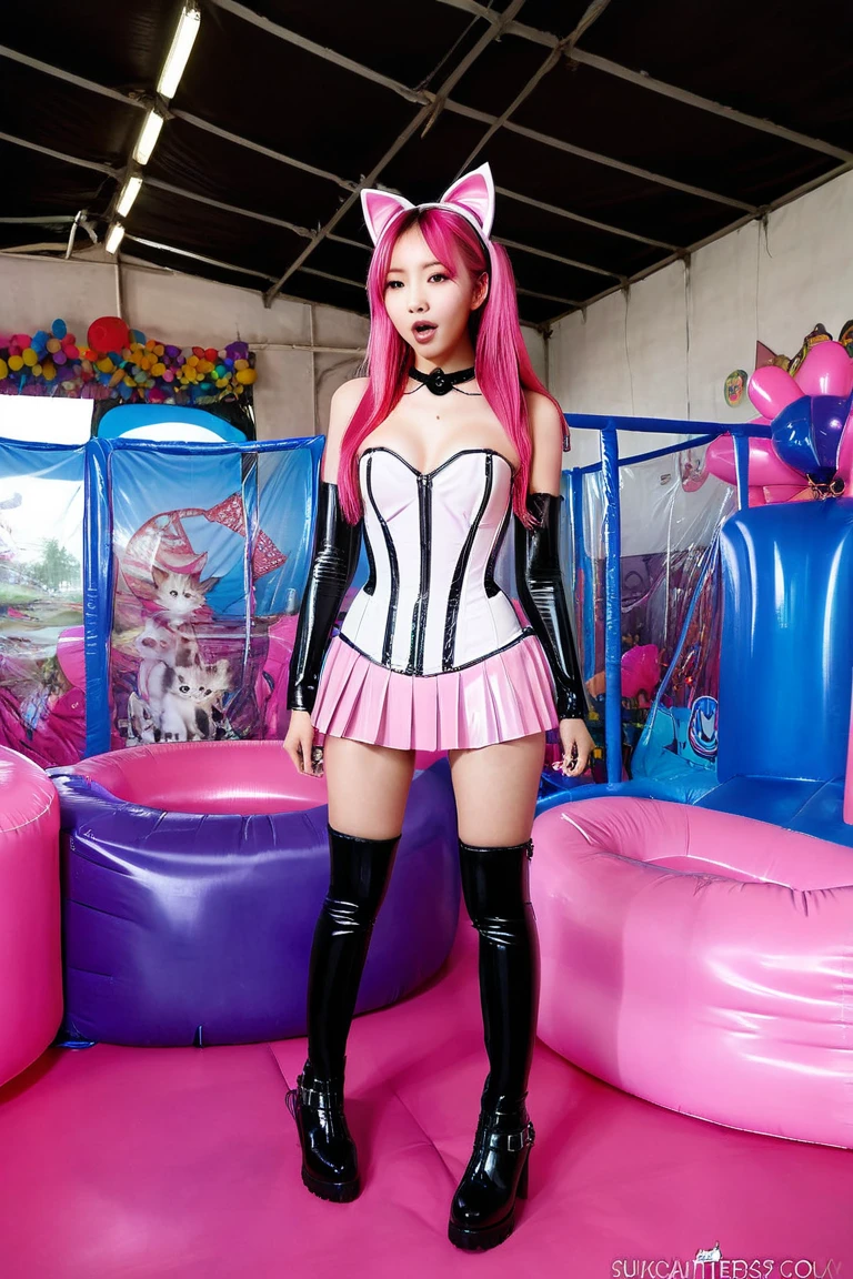  Asian slim teen solo with pink hair, straight hair, slim model, Latex underbust corset 
,   Latex pleated skirt ,  Latex sleeve warmer ,  knee-high latex boots , Cat ears,  small breasts,  ,  bare breasts , Breasts visible
 , Bouncy castle, sextoy, rope in hand, crazy , sexual intercourse
