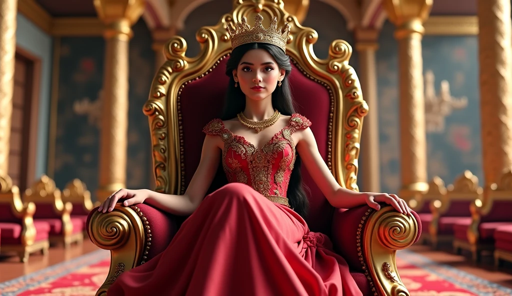 Creat a animated image of a powerful Queenn who sits on his gold and big size chair