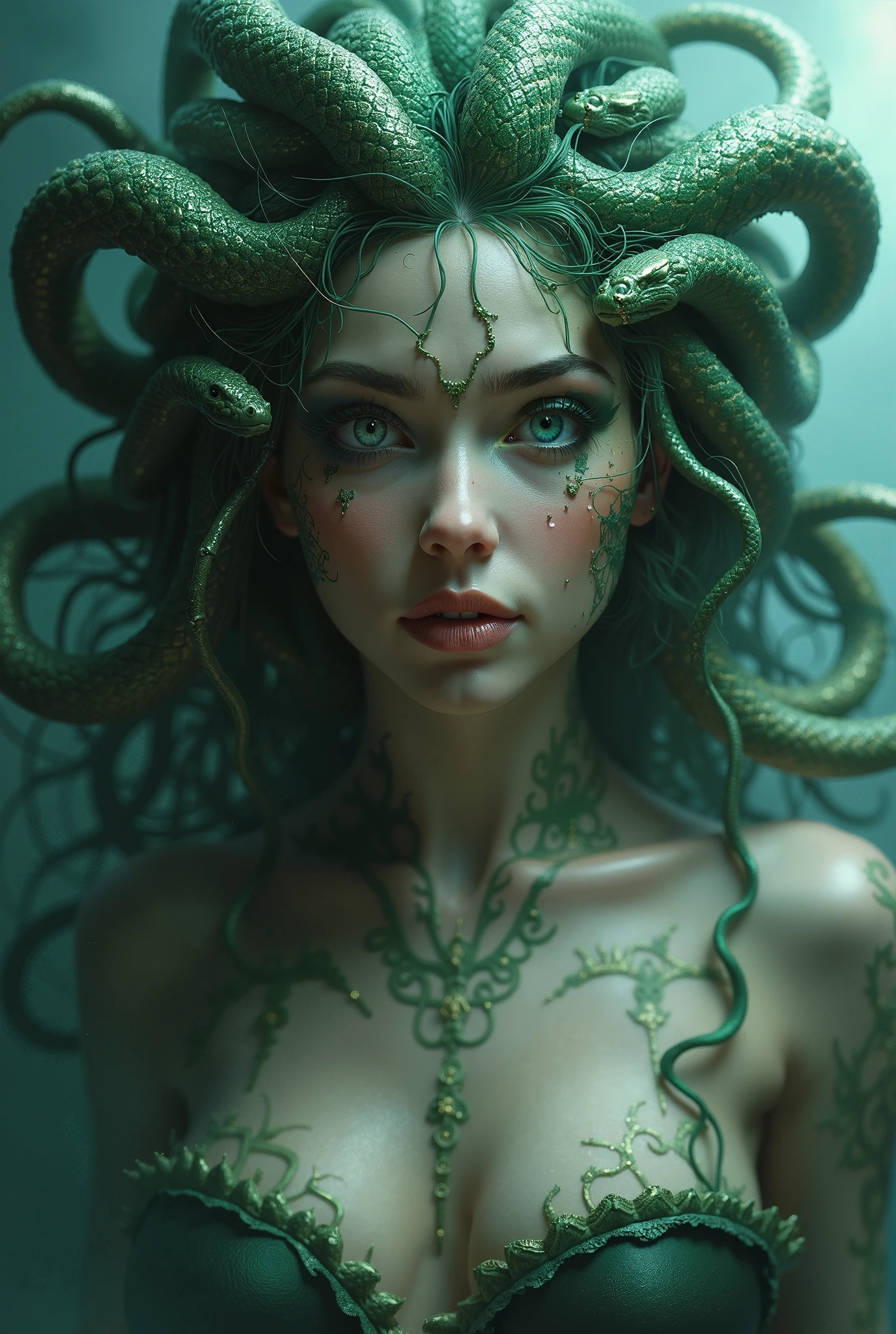 (Realistic:1.5), photorealistic, RAW photo, analog photo style, depth of field, ultra detailed photo of Medusa, (the hair is composed of countless snakes), detailed green eyes, dark makeup, gorgorouse female face, detailed photorealystic fece, goddess aura, artstation, bioluminescence, naturally shadows, warm filter, cinematic light, professional photography, canon lens f1.4, 16k