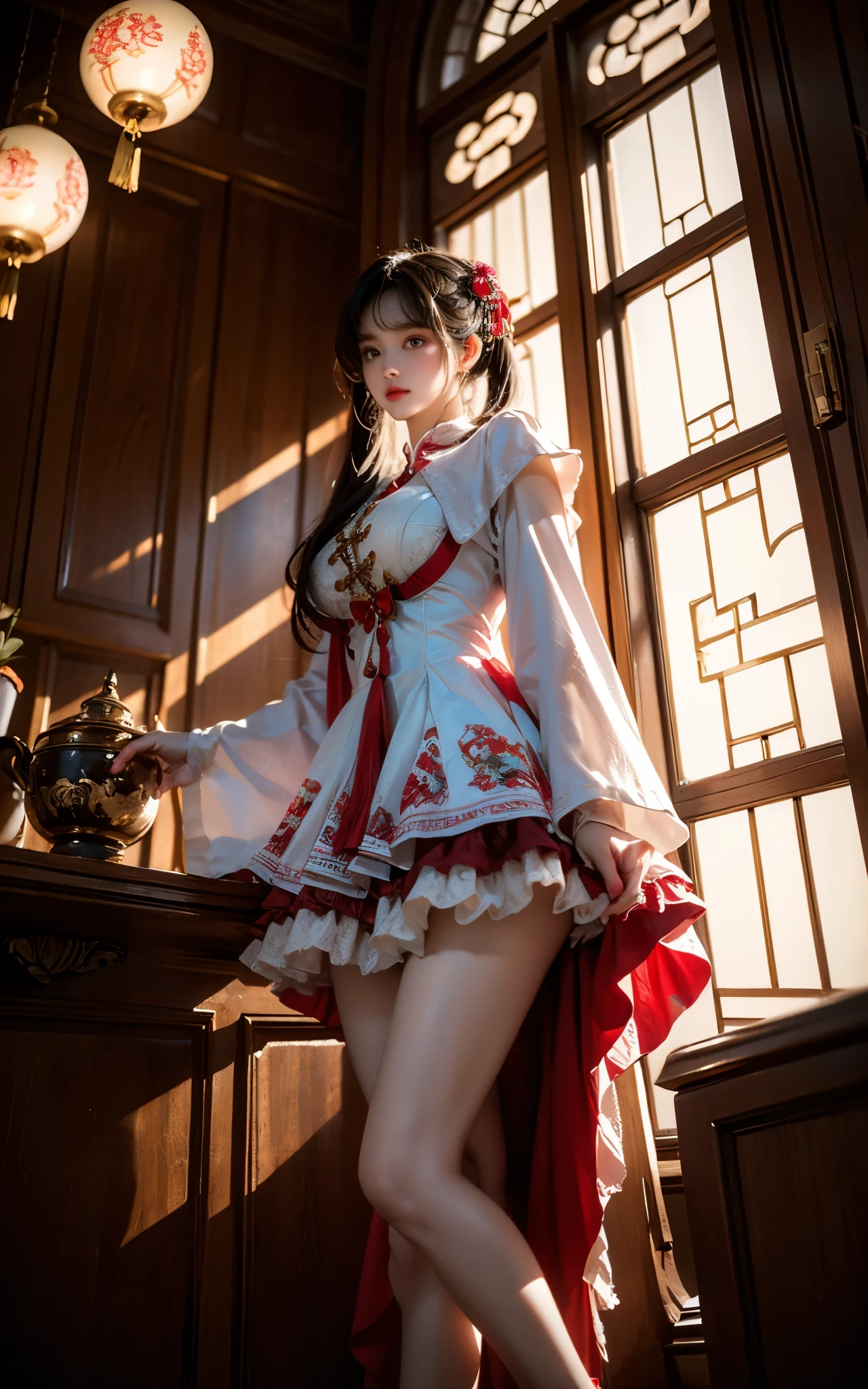 cyb dress, chinese clothes, long sleeves, capelet, frills, frilled dress, wide sleeves
,,(Above the calves view:1.4), ((Portrait-oriented, focusing on the subject's body above the calves)), (from below:1.2), (I-type Valley), (Large breasts), (Very short hemline, revealing smooth thighs), Realistic beautiful woman, sexy long-legged model, standing gracefully with elegance. while one hand elegantly lifts the hem of her skirt up to her thigh. soft natural makeup, and her hair flows beautifully in the gentle breeze. Photorealistic lighting and shadows, high detail, 4K resolutio