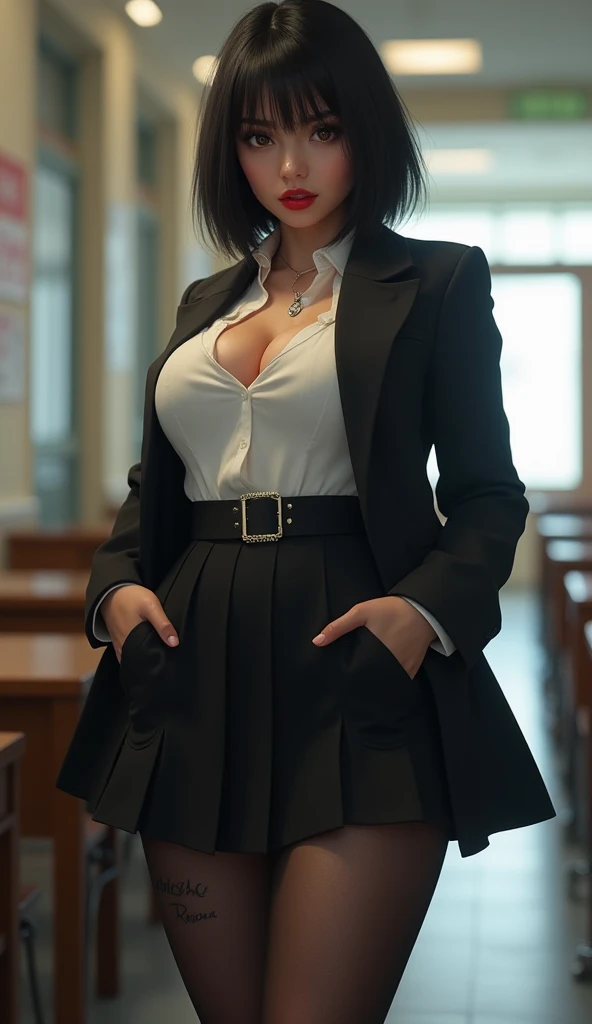 (masterpiece), best quality, expressive eyes, perfect face, front lighting, (library background), (reading a book), (smirk), (cleavage view), (1girl, milf, nico robin, latina, dark skin, short black hair with bangs, flat straight hairstyle, brown eyes, hourglass figure, skinny body, thin body, petite_body, large breasts, huge breasts, oppai, wide hips, thick thighs), (black suit jacket with white button undershirt, exposed cleavage, black pleated skirt, black stockings, eye glasses), 