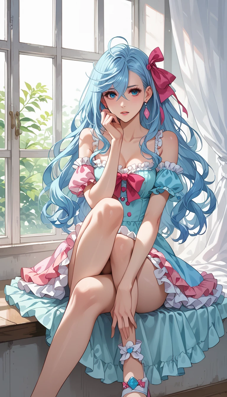 (finely detailed beautiful eyes and detailed face,masterpiece sidelighting,masterpiece,best quality,detailed,high resolution illustration),
(1girl,whole body,bishoujo,lustrous skin,looking down,looking at viewer),
(sky blue hair,pink eyes,short skirt,ribbon,button shirt)