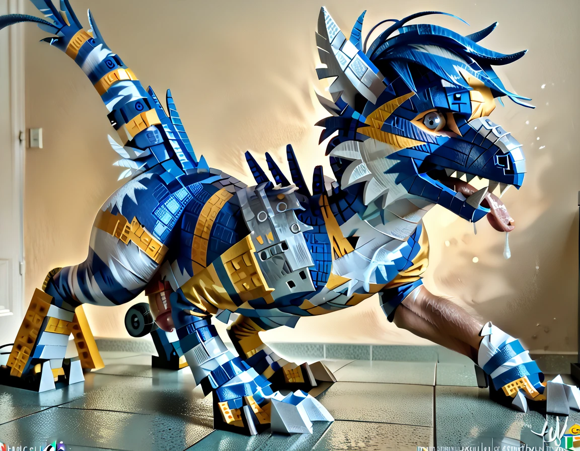 best quality, 4k, masterpiece, (real life photorealistic raw photo:2), (captured mid-transformation:1.5), (,  , ), (male transforming into blue grey plastic lego deinonychus feathered dromaeosaur:1.5), (human lego deinonychus raptor hybridization:1.8), transformation, inanimate, (part human:2), (human into blue gray striped plastic lego raptor transformation:1.6), (inside lego dinosaur exhibit at Legoland theme park:2.2), (panicked, worried look:1.5)