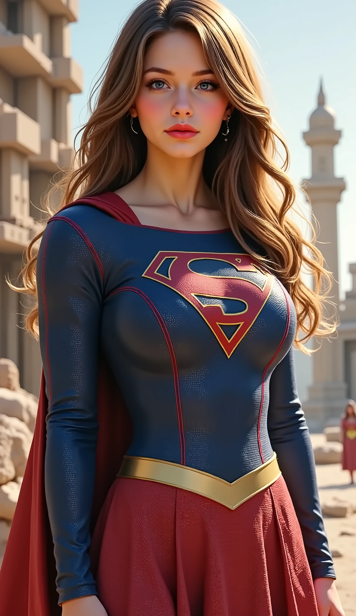 LIGHT BLUE EYED SUPERGIRL, WEARING A SUPERGIRL COSTUME AND CAPE, STANDING POSE, streaked hair, BLUE eyes, RED colored eyelashes, puckered RED lips, textured skin PORES, super detail, high details, high quality, best quality, 4K, 8k. AMAZON BACKGROUND