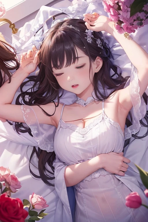 (2 girls kissing、)Licking fingers、Black Hair、((メイドヘッドアクセサリー)), ((veil)), (See through)、(at the bedroom), (((2 girls are lying down on the bed))), transparent white dress, (My body is soaked..5)、Long wavy hair and super short bob hair、Realistically、(Two 8歳のs hugging each other, ((Gross 5.5))(She is wearing a frilly transparent dress.),
Accentuate your cleavage,Looking up from below,blush,moist pink lips,sexly,Own,Please open your mouth wide、Place your arms behind your head、