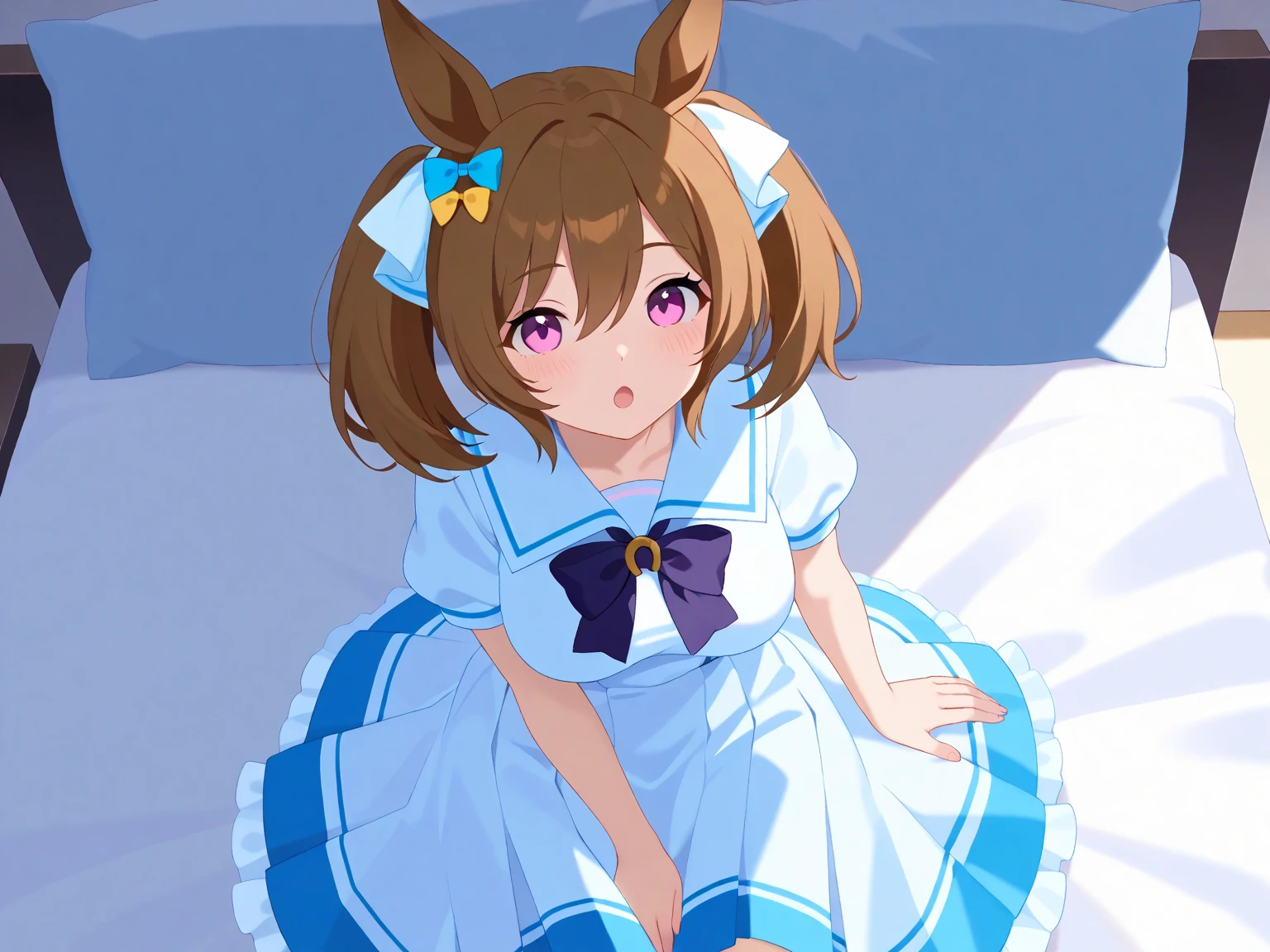masterpiece,best quality,very aesthetic,absurdres,highres,<lora:Cool_Rance_PA:1>,full body,1girl,dark skin,flat chest,child,petite,thin,brown hair,long hair,blue eyes,on ball,long blue shirt,bare legs,frills,fluffy,long blue socks,laughing,bedroom,dog,