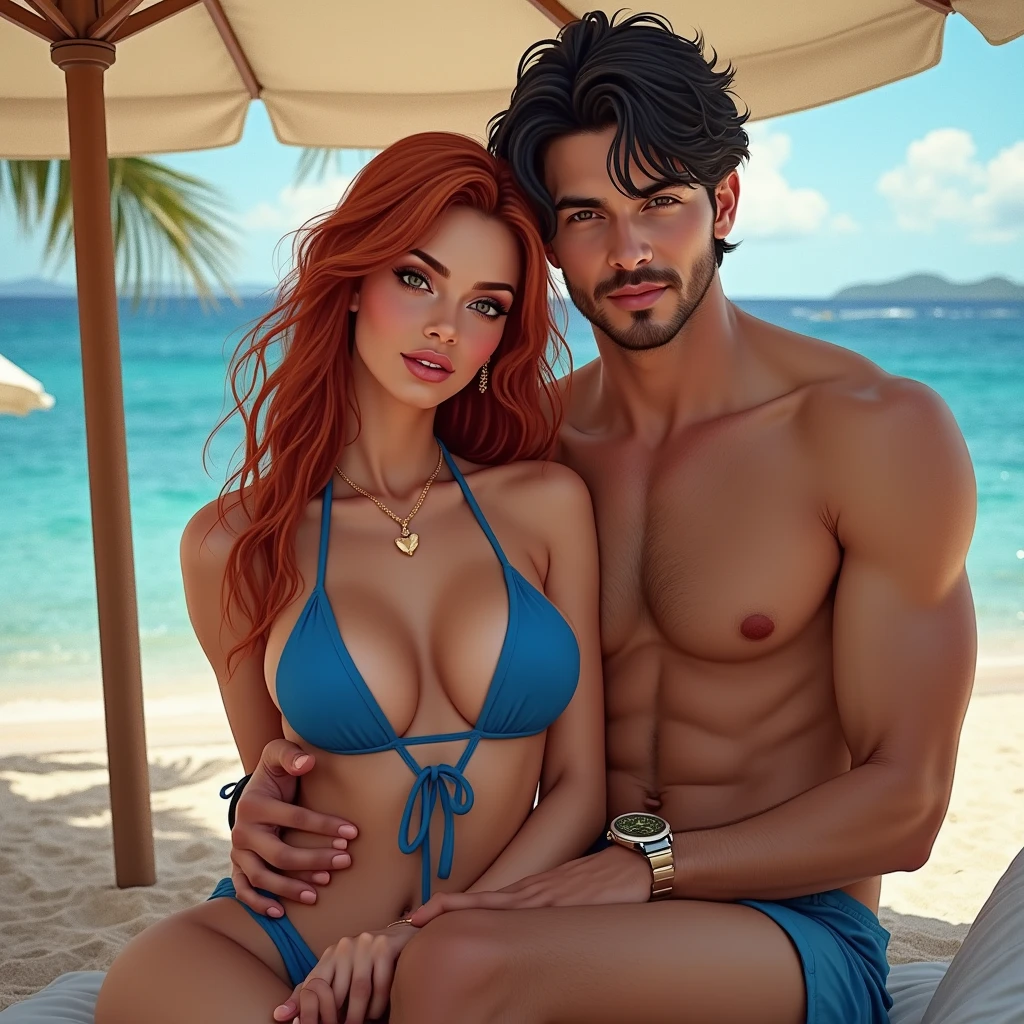 A woman with long red hair, blue eyes, and red lipstick poses in the water with a man with short red hair and blue eyes, a shaved beard, and sunglasses in the background of a water park. During the day, his face was so perfect. The details are clear. Up to 8K resolution, perfect details, perfect face.