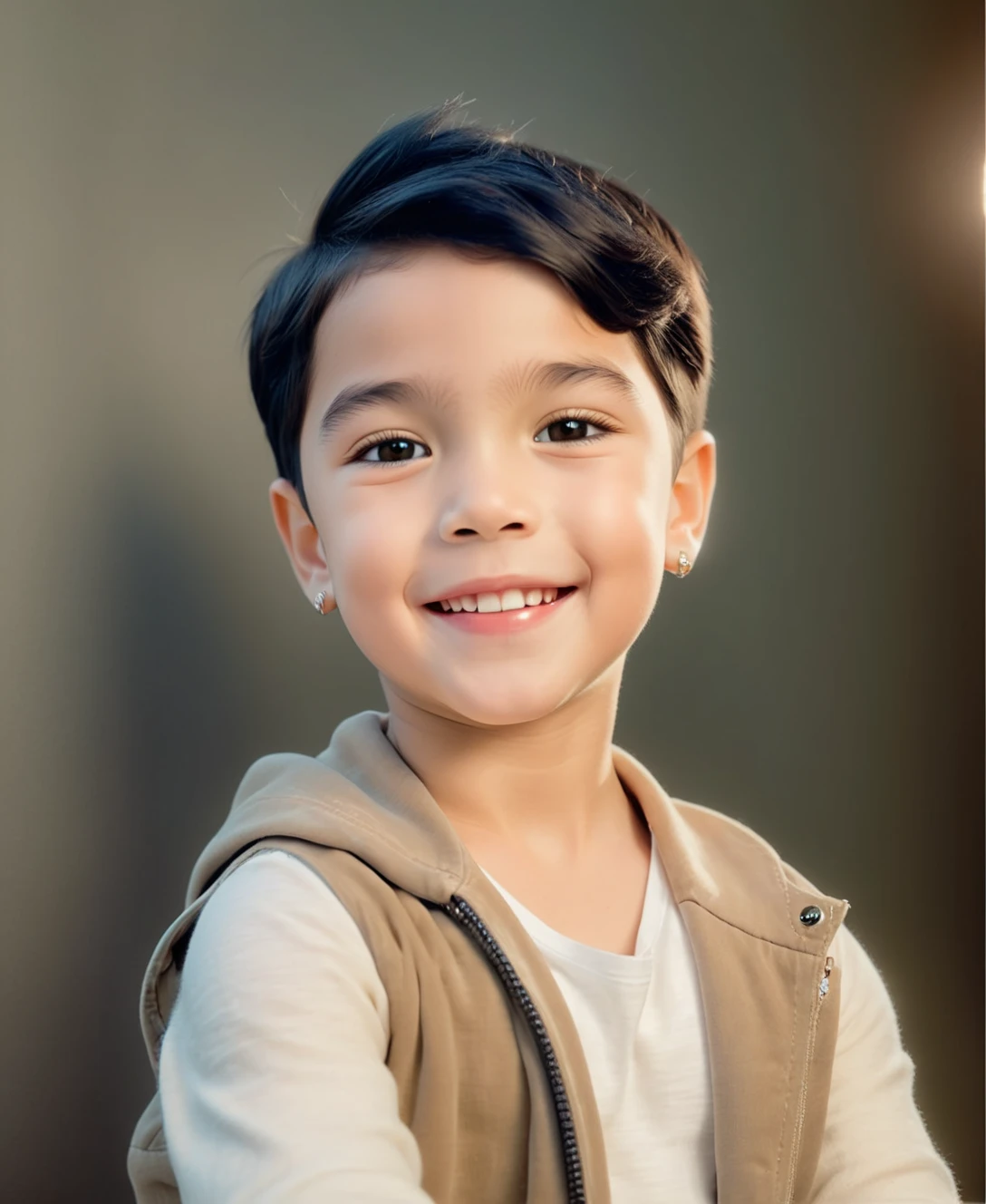 Drawing of a boy with short black hair, white skin, sleepy eyes with large dark brown eyelashes, dimples when smiling