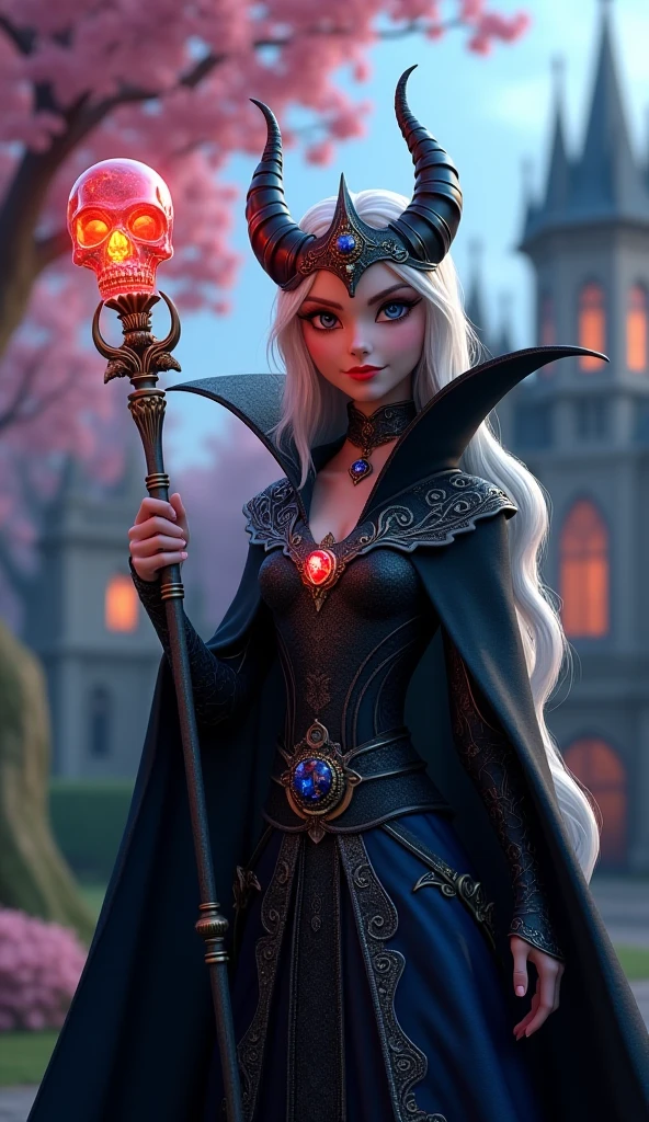 3D Pixar style, close-up of beautiful vampire Queen holding magic staff with (giant shimmering (crystal tulip) on top:1.1), mischievous expression, long white hair, sapphire eyes, extravagant sharp ornate cape with complex patterns, (wearing glowing magic amulet:1.1), helmet with horns, (royal garden of Gothic palace at twilight, exquisite architecture:1.1), Sakura tree.