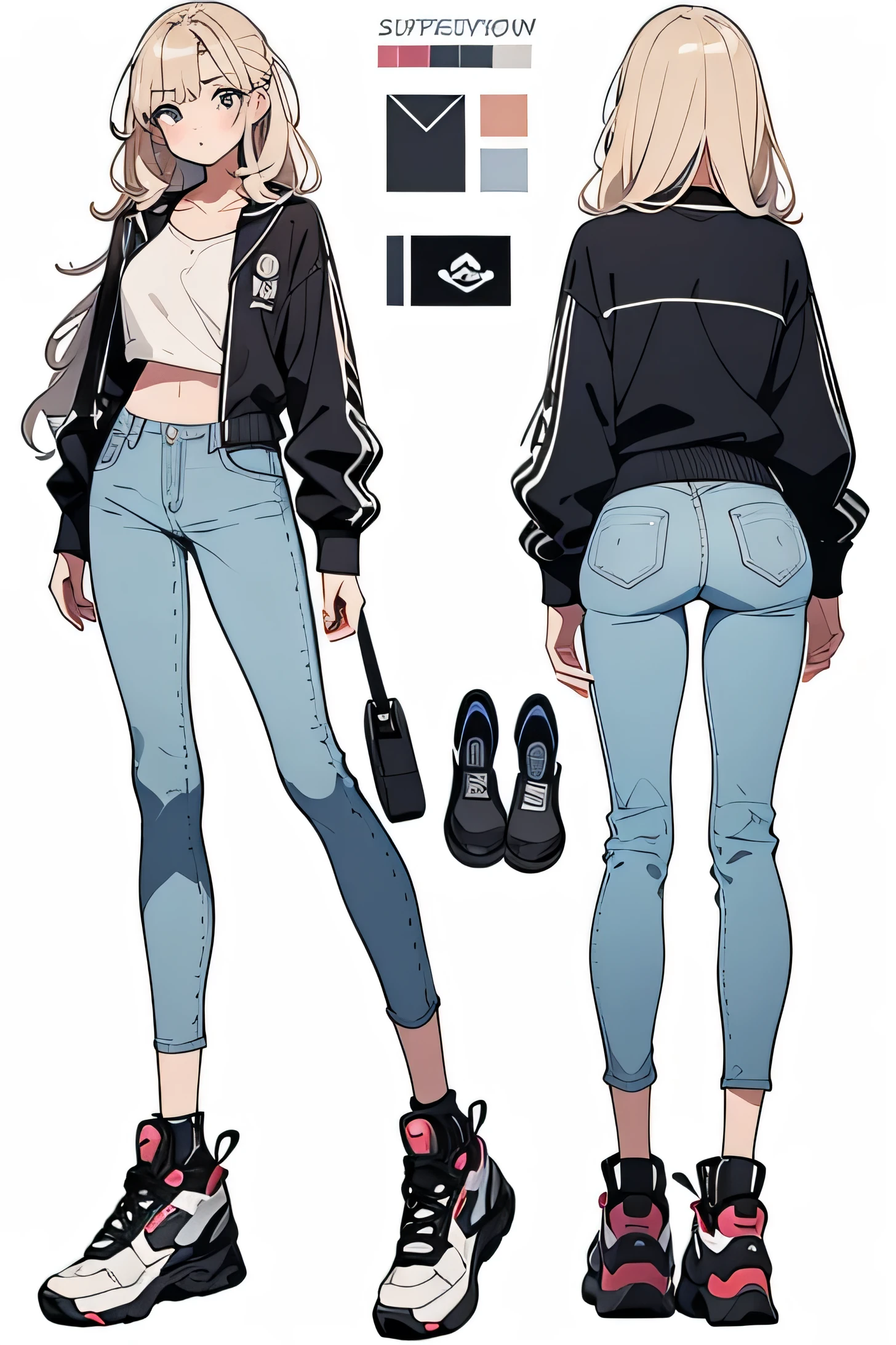  long eyelashes, Whole body design,  conceptual art , anime art,  private server , Sports shoes,  jeans,  tight top ,  sexy ,  large,   huge ass  , whole body,  front view,  modern style ,  simple background, Role List, Hair inner color ,  casual outfit ,  character design ,  surrealism , drop shadow, Relief, Take off your stereogram , Standing picture, Throw,  atmospheric perspective, 8k,  Super Detailed ,  Best Quality