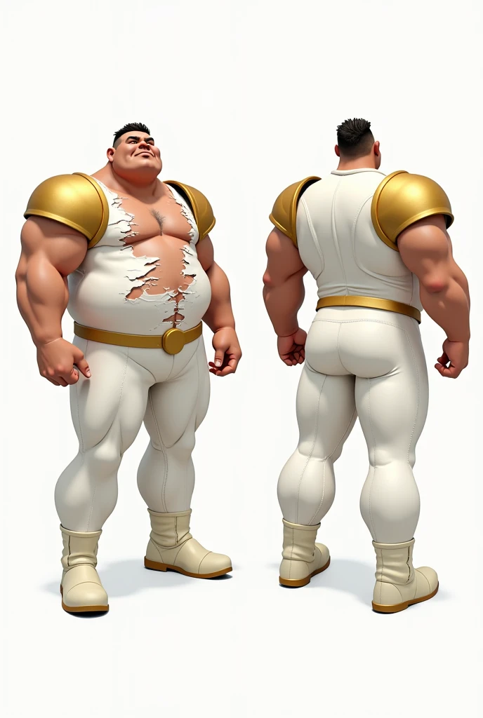 He has enormous muscles, muscles so big they make his head look small compared to his body. The muscles of his shoulders are so big and inflated that they seem to surround his head and make it look small. His legs are more muscular and enormous, They are twice as long as those of a normal body, and these are three times larger and more muscular., His thighs look especially more developed and inflated with muscles which he wears a pair of extra-long white Nike football stockings that he wears stretched up to his knees and white Nike Air Max 97s.. The stockings should be very long and should be super stretched so that all the muscles in the god's legs vibrate.. He has short hair and white eyes He is standing with his legs together and striking a double bicep pose. The white stockings must be super stretched to cover the entirety of his leg and thigh muscles. He wears short black leather briefs decorated with gold studs at the waist and a tight, shiny, long-sleeved leather shirt with gold detailing on the collar and sleeves.