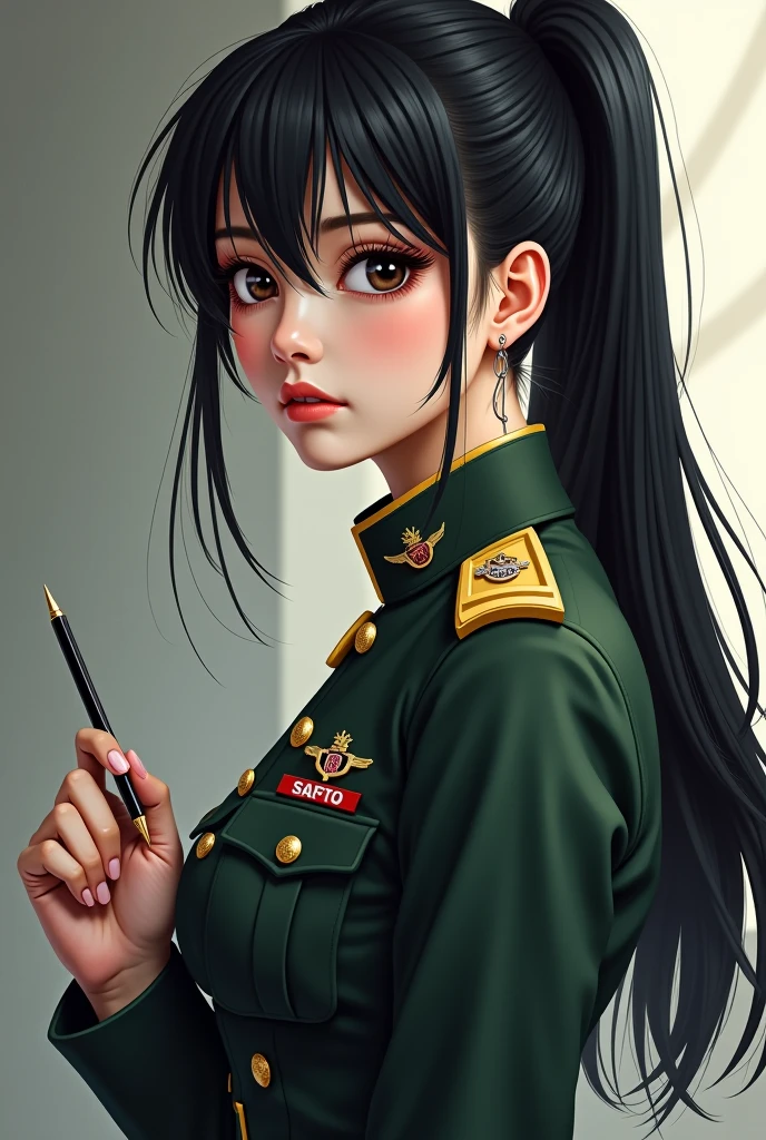 Modest outfit, remote shot, detailed beautiful delicate face, detailed beautiful delicate eyes, perfect facial proportions, high-definition skin, fine skin, four-inch best ratio. With one thumb, a masterpiece, highly detailed, realistic, (World War II German general uniform reference : 1.8), the highest face resolution, adult, modestly dressed woman, dressed entirely, ( small, black hair, black straight bangs, super fine braids, straight bangs, red glasses, dark green eyes), future, science fiction, fighter plane, standing On the landing of a fighter plane, the government agency, a deep intelligent personality, a calm expression, a respectful face, a war, a fighter plane