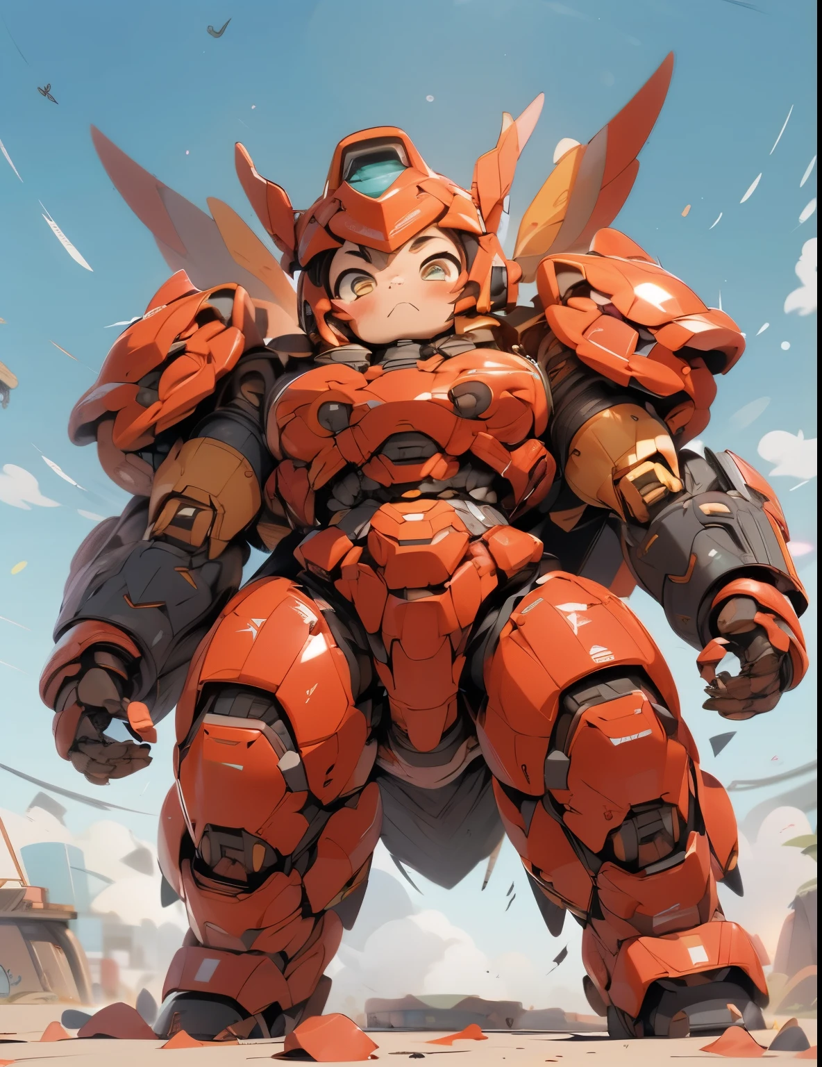 (((1 young girl in large red-colored robot body costume floating under the blue skies))), large cute face, mechanical parts, ((mechanical wings)), ((mecha musume)), ((dynamic pose)), (full armor:1.4), (bulky armor:1.4), (shoulder guards:1.2), (short legs:1.2), (huger body:1.7), (Heavy armament:1.3), (heavy equipment:1.3), ((giant robot)), (headgear), white clouds, robot joints, becoming a mecha, mecha, BJ_Cute_Mech, ROBOTANIMESTYLE, (RARS) BREAK ((masterpiece)), vibrant colors, 8k, best quality, ultra detailed illustration, ((best quality)), ((high resolution)), flawless skin textures, shiny oiled skin, extremely detailed anime eyes , extreme light and shadow