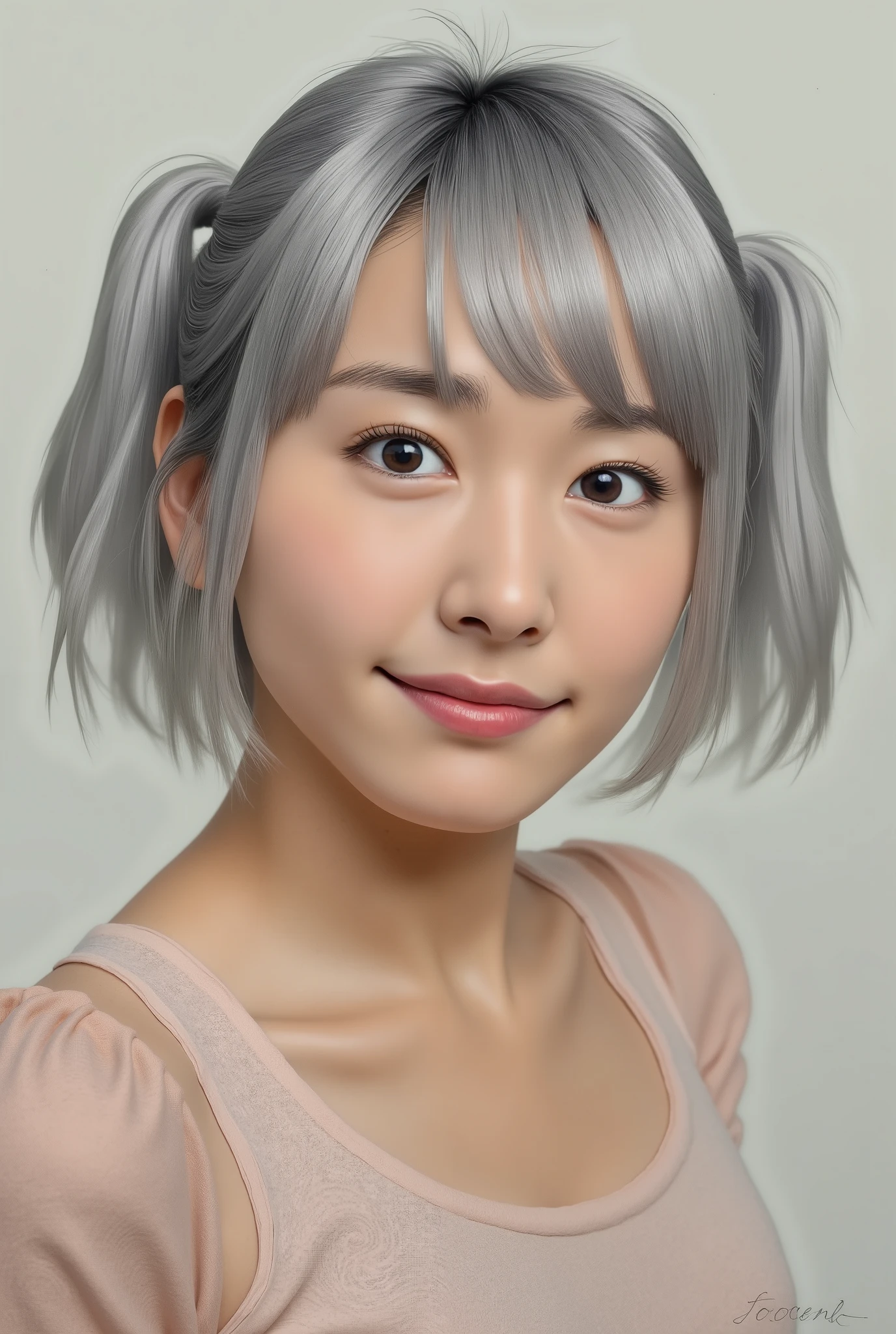 (( oil painting style ))、Raphael Style Paintings , absolute resolution, 32K,Masterpiece, best quality , Super High Definition, 's beautiful face and eyes with attention to detail, Beautiful Japanese Girls , Silver Hair, smile, twin tail, Small breasts, focus on the face, watching viewers , front view, perfect hand, Perfect Anatomy,