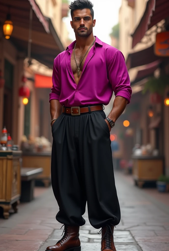 (absurdres, highres, ultra detailed, Ultra HD), ((tall handsome muscular man, solo, male model modern clothing, Full length portrait: 1.5, wearing colourful silk shirt and pants)), beautiful, gorgeous, wet, mature, perfect eyes, sexy gaze, (looking at the viewers romantically), perfect body, smooth skin, a hot glow in his skin, wide chest, largest breasts, extremely large pectorals, big nipples, breathtaking grandeur, model pose, colorful, artistic, focus on his calm facial features, elegant look, sexy posture, full body view,