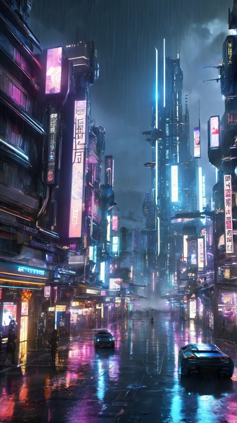 futuristic cyberpunk city, night, lights, rain, hyperrealistic, render like