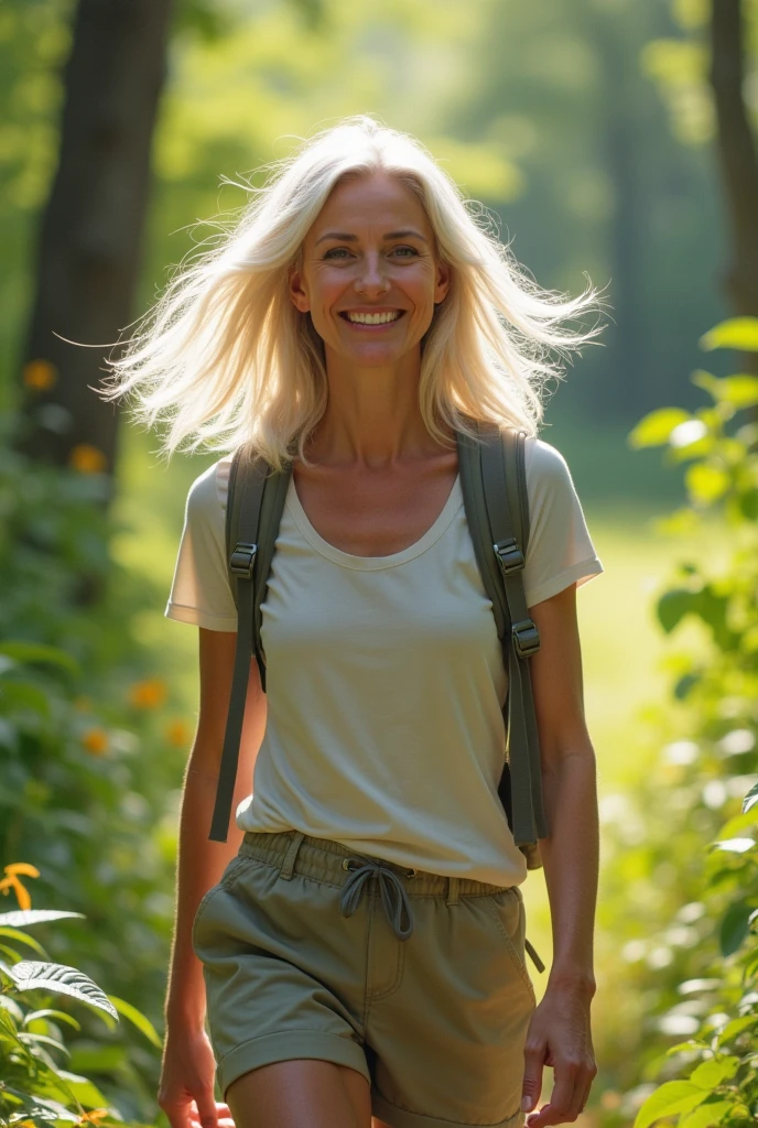 45 ans, mature, blonde, dans les bois, proter habits de marche sportive, gros seins