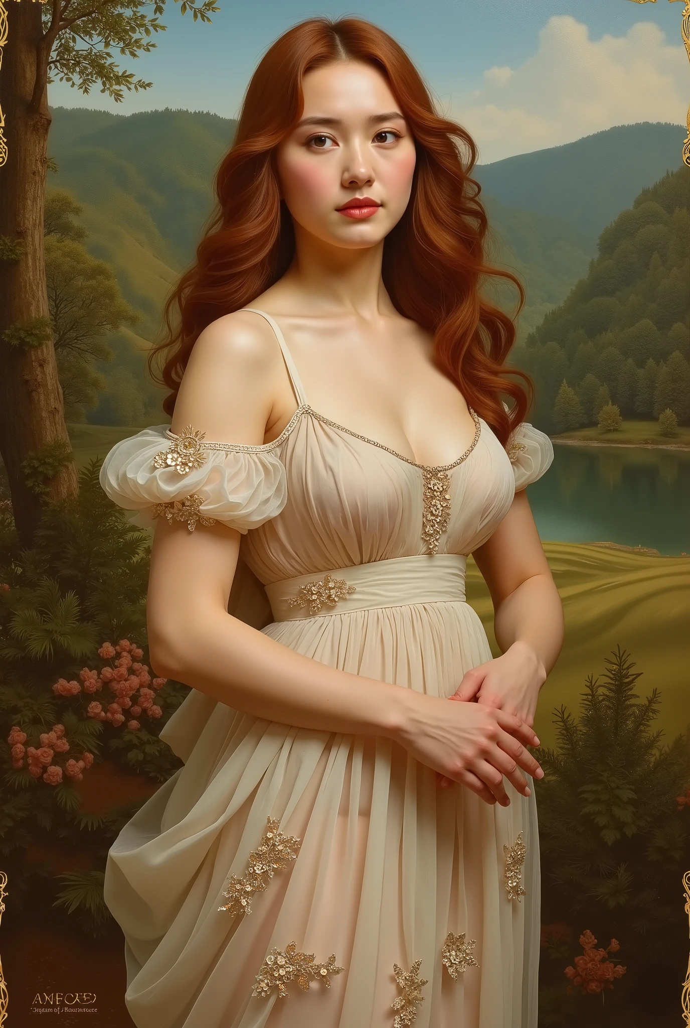 Un tableau dessiné dans le style de Raphaël, une belle femme caucasienne aux seins généreux vêtue d'une robe transparente.