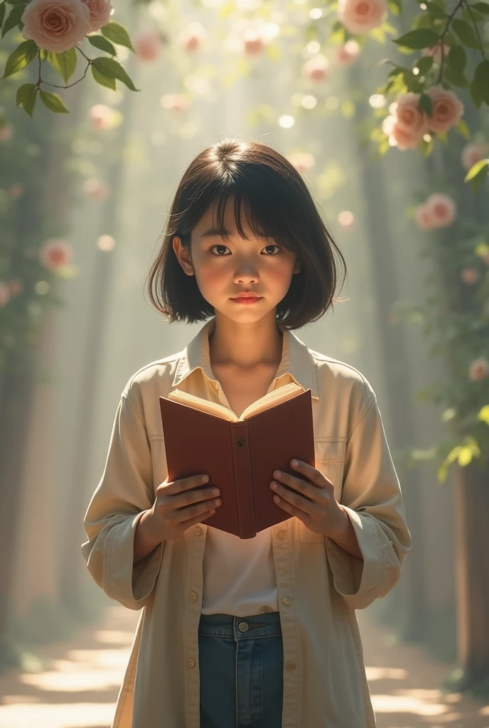 Photo of a 12-year-old Asian girl, (cold expression), textured skin, Skin is yellowish and sunburned，goosebumps, Black shoulder-length short hair, Holding a book with black cover，Wearing a shabby orange sweatshirt, green fields mountains, perfect eyes, (Sunlight,chiaroscuro), 160 color bracket, Shot with ARRI Alexa 65, Bokeh, focus on topic, Photo by Don McCullin