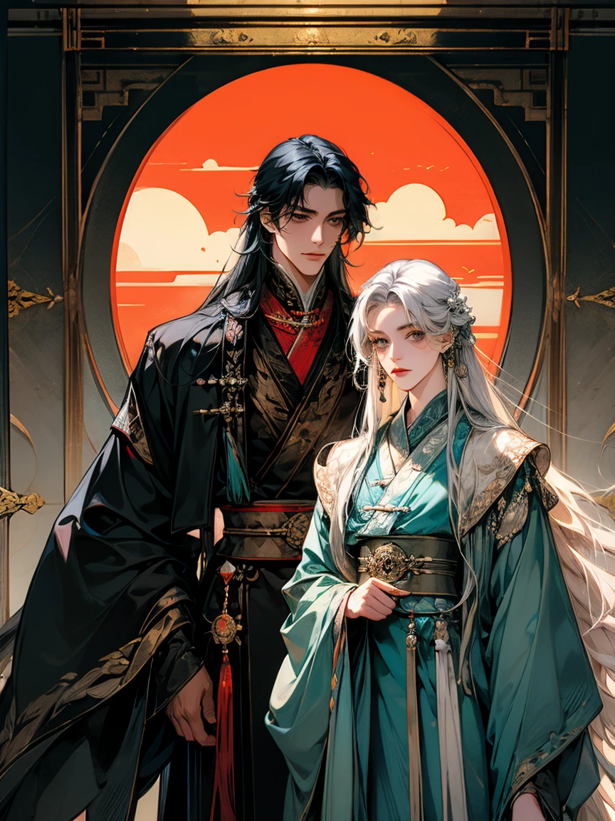  masterpiece , Clipart of 2 men in Chinese dress,Hanfu,  Black Long Hair,   long white hair 