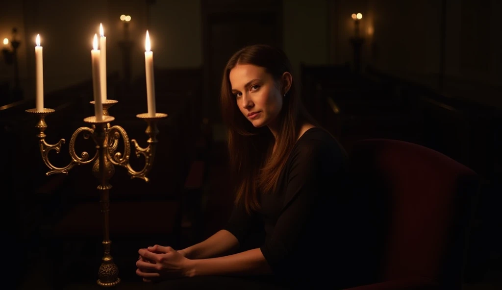 The woman is seated near a tall, lit candelabrum, her hands folded neatly on her lap. Her head leans gently to the side, resting against the curve of the candelabrum’s base, her expression tranquil and reflective.

Lighting:
The candlelight softly illuminates her face and the ornate details of the candelabrum, creating a warm contrast against the darkened surroundings.

Background:
The faint outlines of pews and scattered candlelight provide a peaceful and intimate setting.

